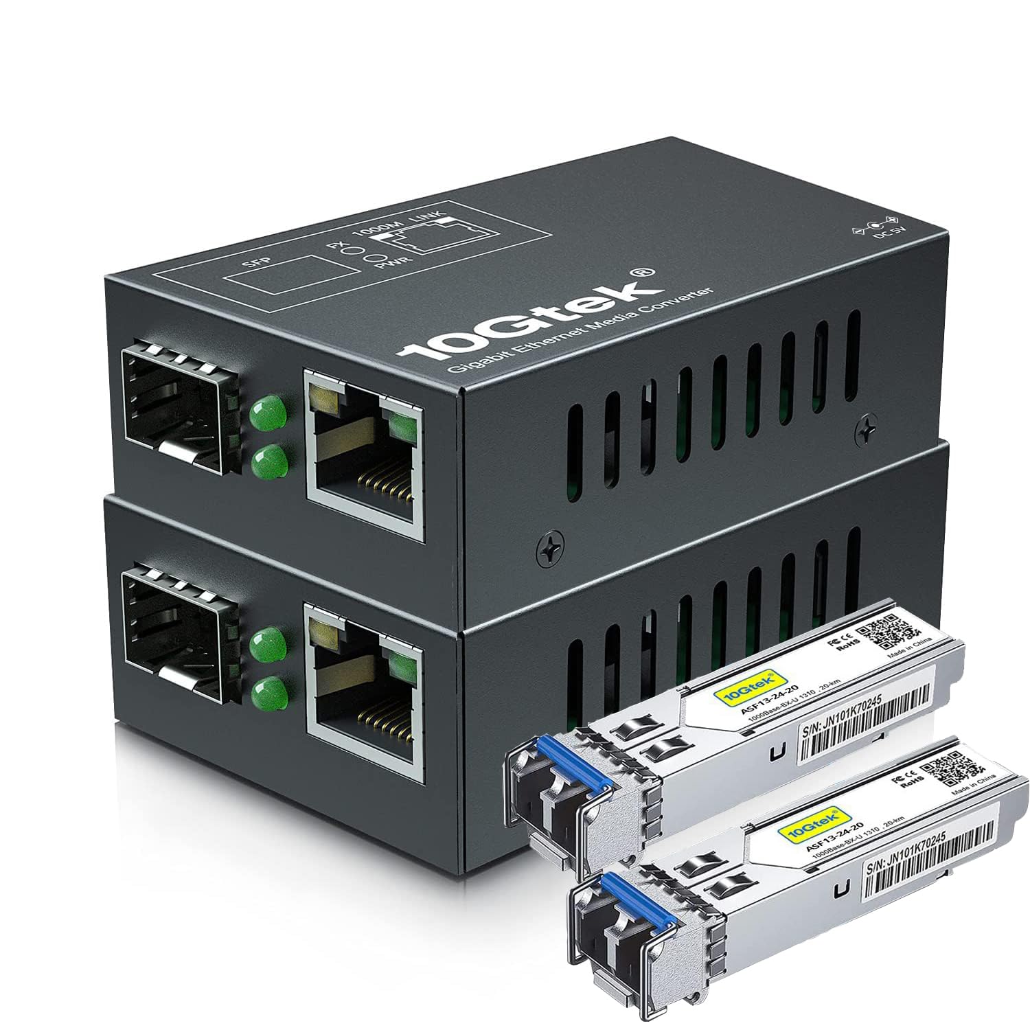 [mini size] gigabit ethernet media converter, singlemode dual lc fiber to ethernet rj45 converter for 10/100/1000base-tx to 1000base-lx(with a sfp smf 1310-nm module), up to 20-km, pack of 2