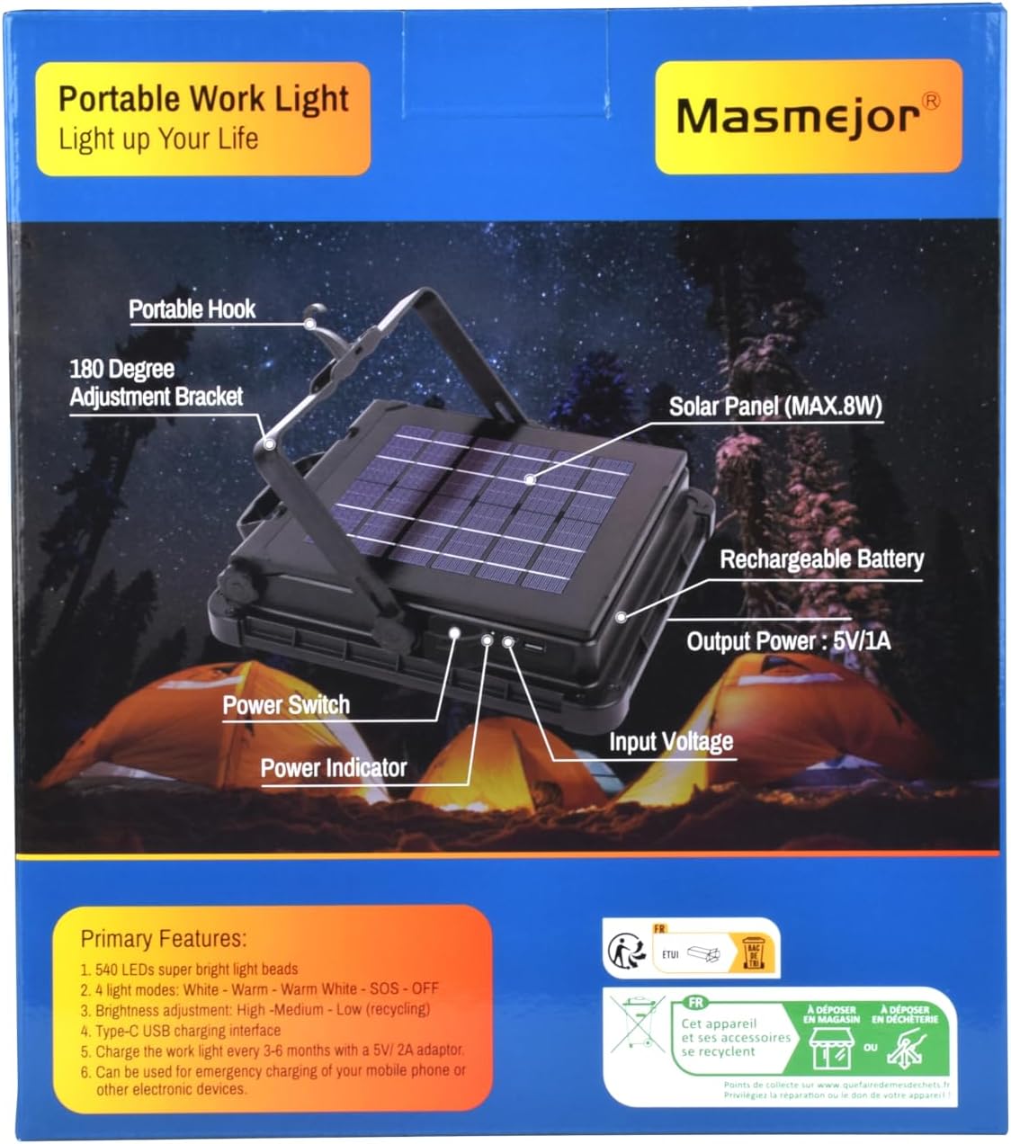 Masmejor 160W 15000mAh RechargeableWork Light - 540 LEDs Solar Light, Stepless Dimming, USB Charging, IPX4 Waterproof for Job Site, Emergency, Power Outage, Camping & Repair