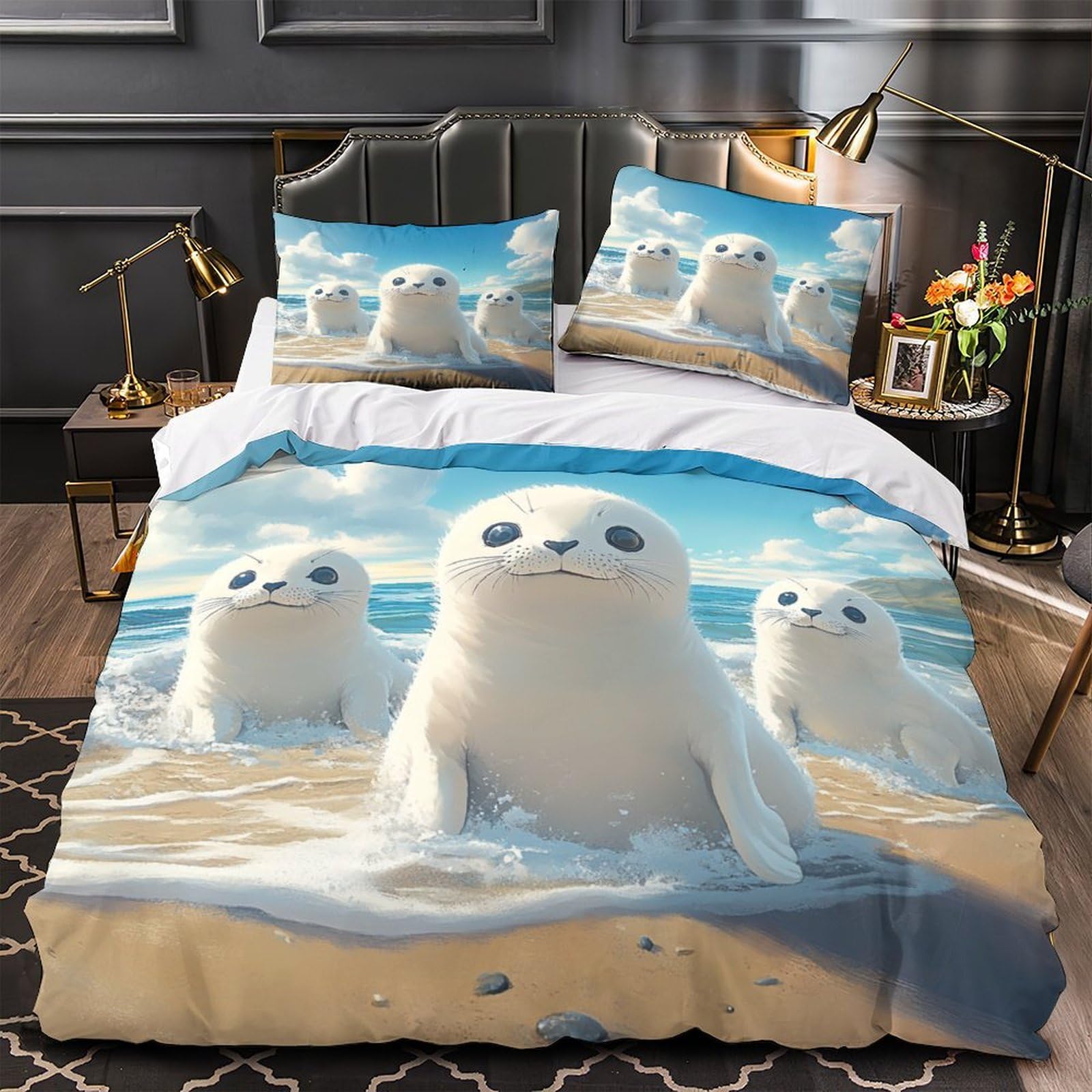 Housse de couette bébé phoque 3D Super King 260x220 cm avec ses 2 taies d'oreiller en microfibre