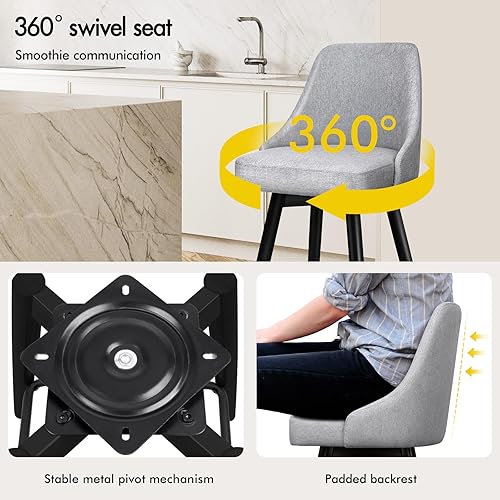 Miniatura 4 de Juego de 2 taburetes de bar giratorios de altura de mostrador, taburetes de bar modernos de 26 pulgadas de alto con respaldo completo, sillas de bar