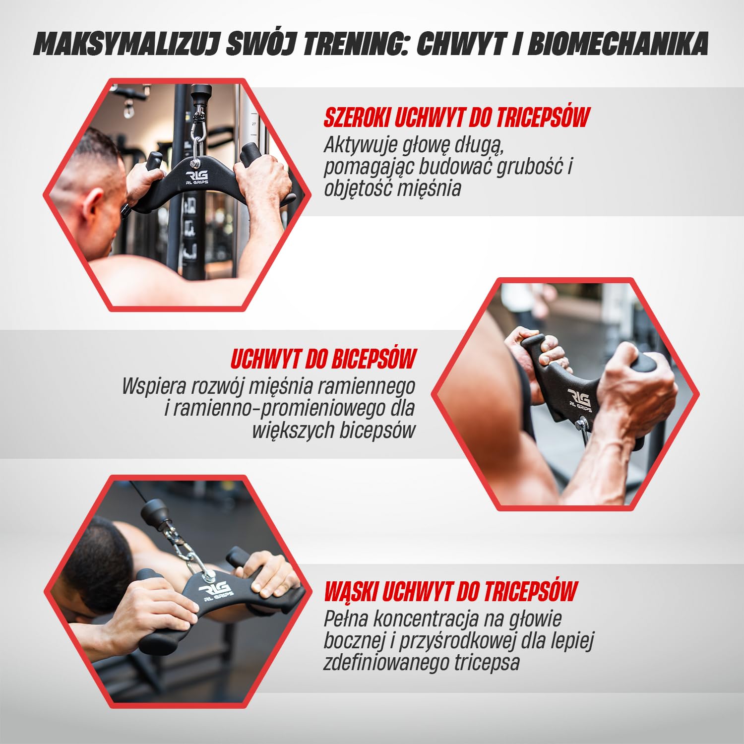 RL Grips - MK2 Uchwyty do kół pasowych do bicepsów i tricepsów - Zestaw 3 sposobów treningu kablowego ergonomiczne ramię - uchwyty do zwijania kół pasowych