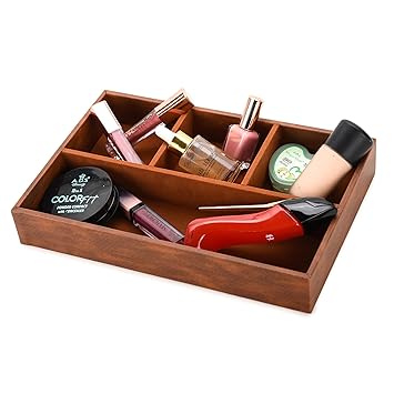 AZYEEA - Faux Leather Desk Organizer Tray | 4 Compartment for Multi-Functional, Office, Study Table, Bedside Tray, Cosmetic Organiser Trey (Tan) - image, photos