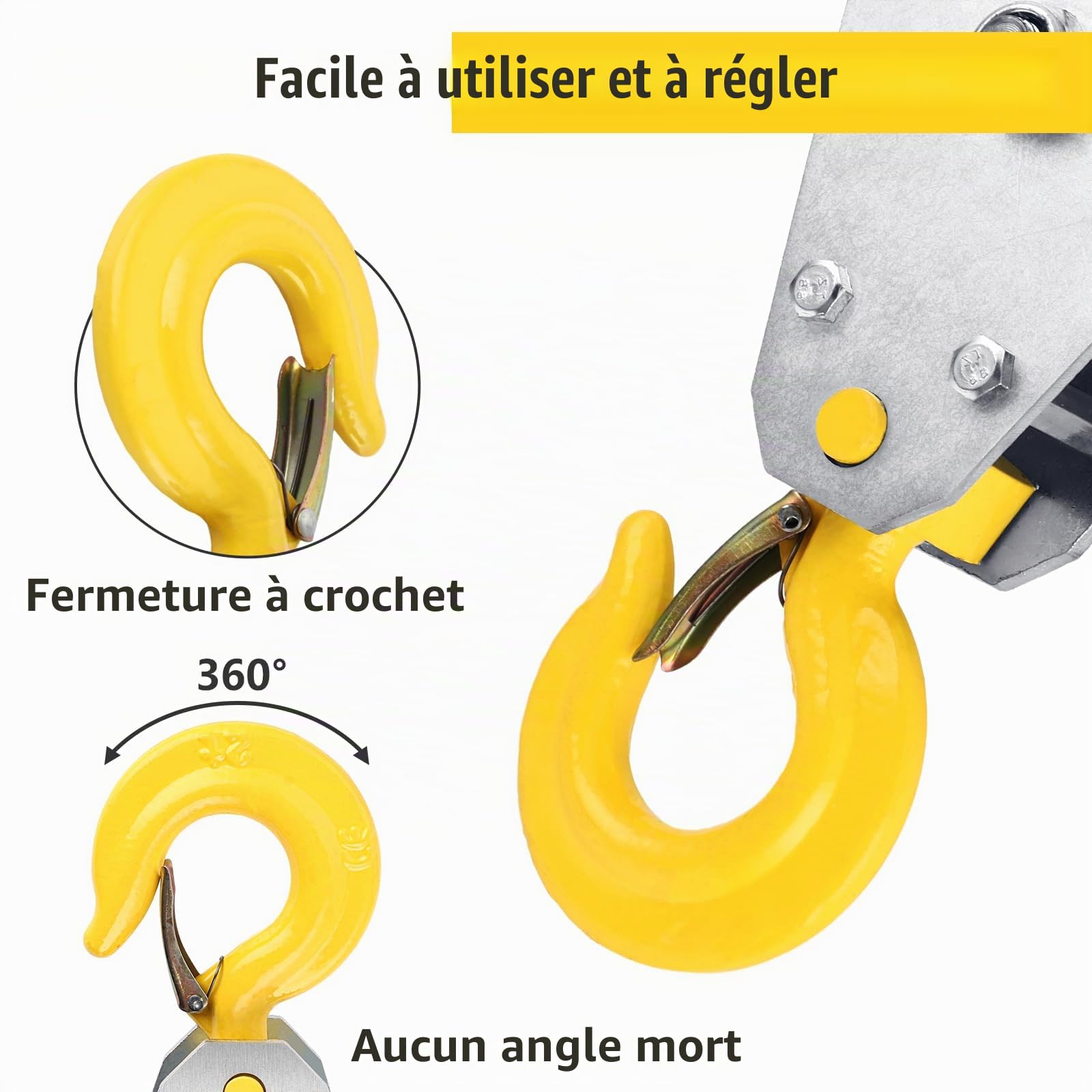 1 Pièce Poulie de Levage 2T avec Crochet Jaune, Poulie de Renvoi en Acier Alliage, Roue Argentée pour Corde 10 mm, Mouflage, Garage, Jardin et Atelier