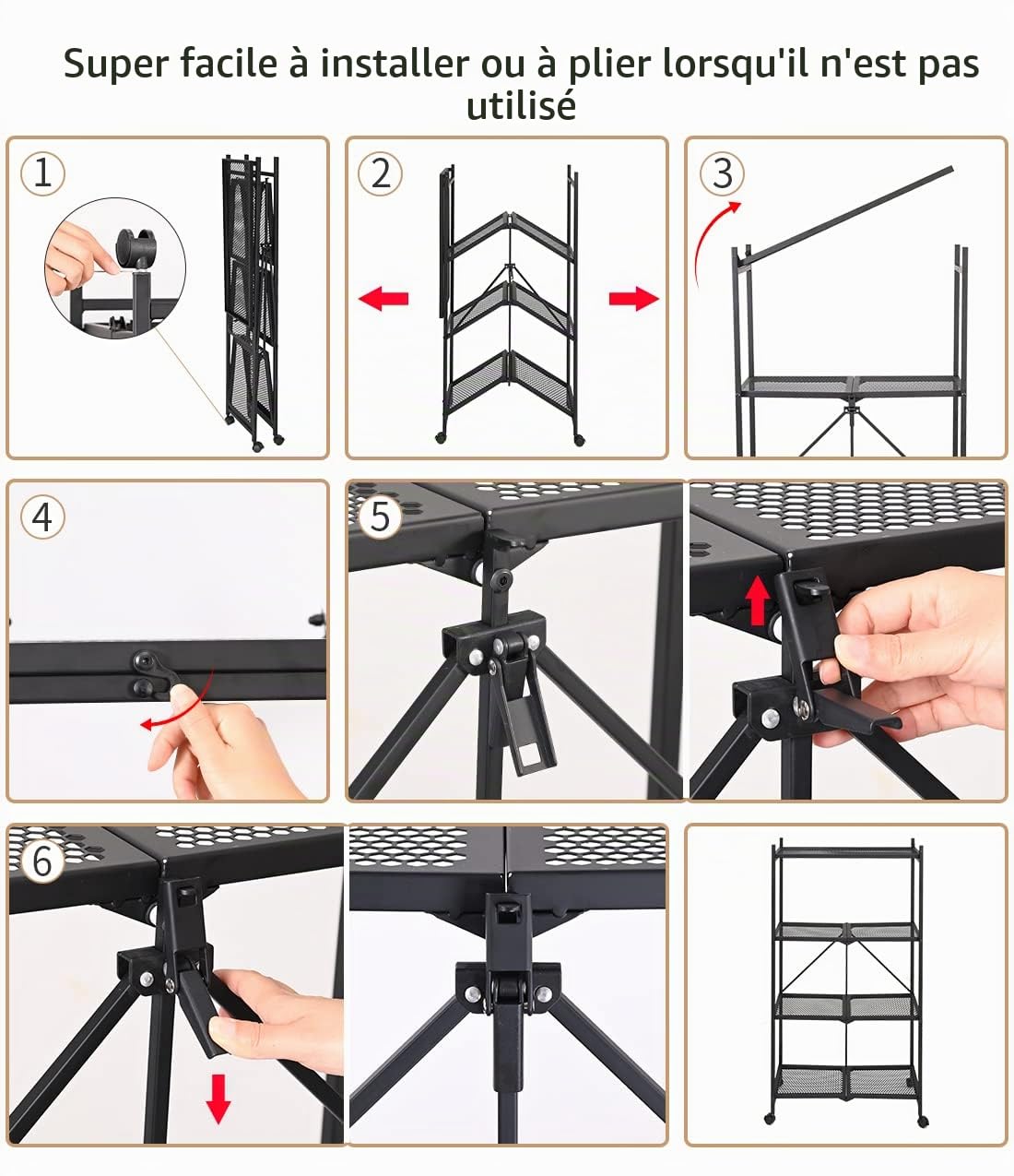Desserte à roulettes Pliante à 4 étages, Chariot de Service, Chariot de Cuisine, 137 x 32,5 x 73,5 cm, Étagère de Rangement Pliable Multifonctionnelle, pour Cuisine, Bureau, Salle de Bain