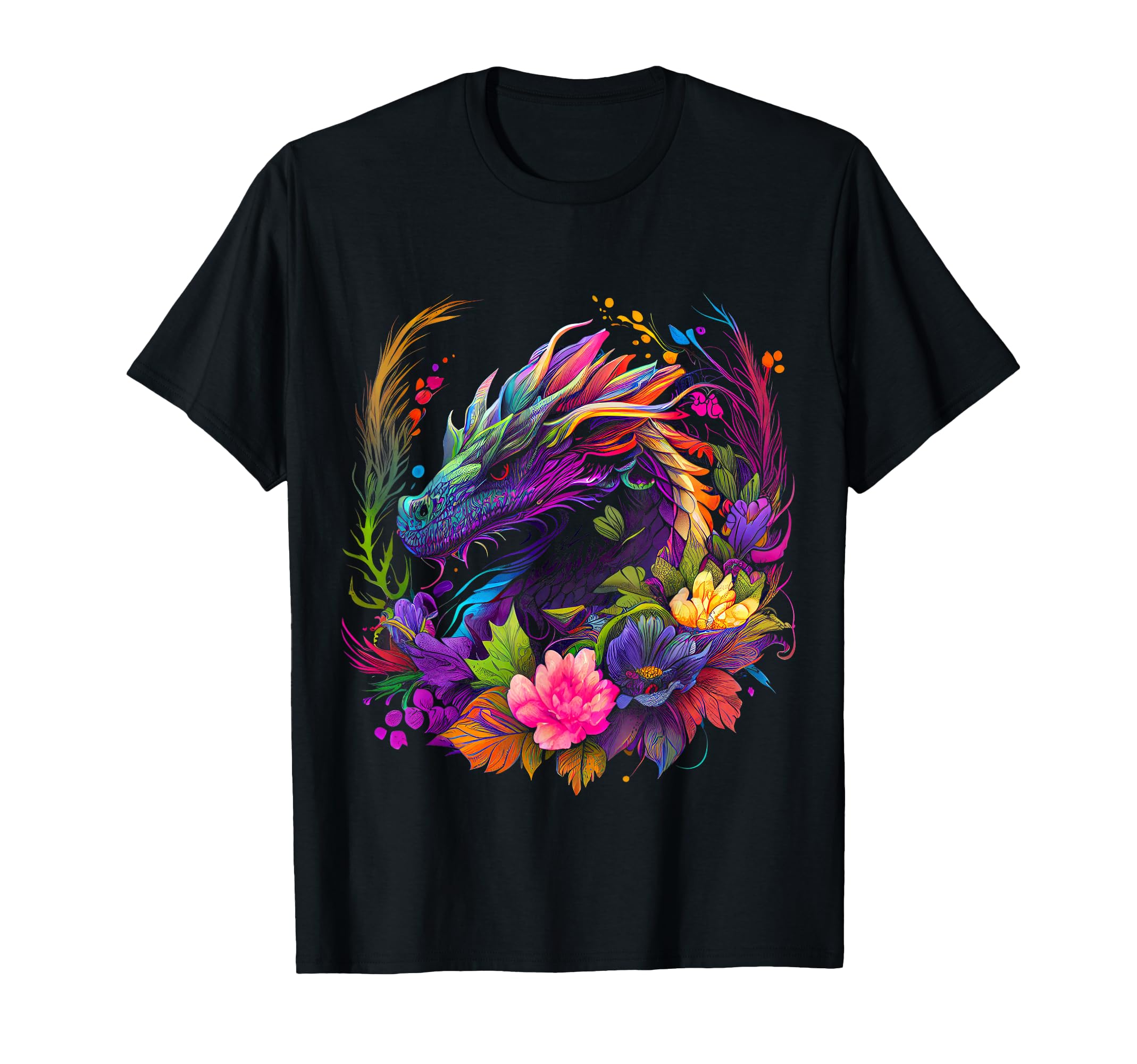 Watercolor Dragon Flowers Beautiful Art Colorful Graphic T-Shirt