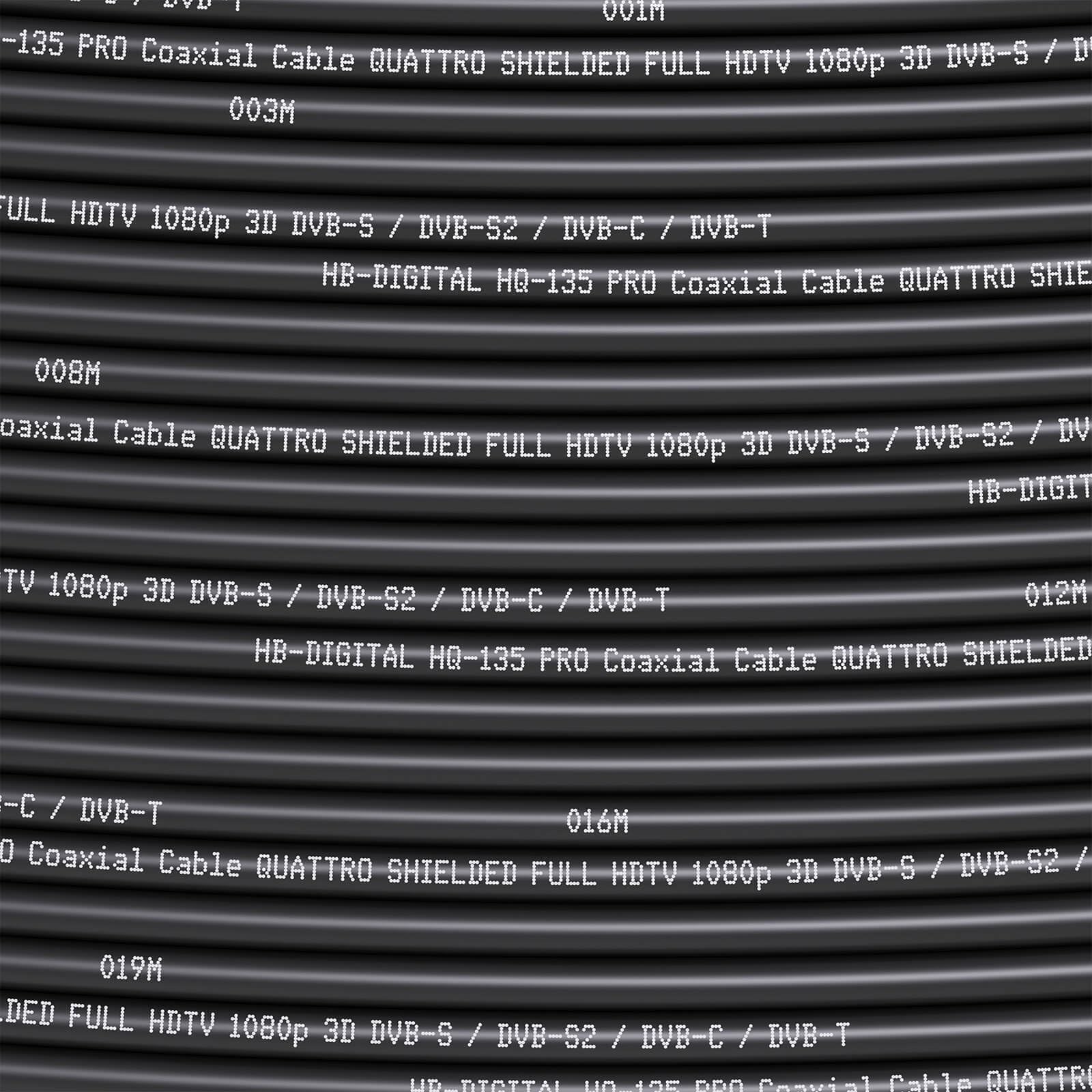 HB-DIGITAL Kabel koncentryczny 25 m SAT 135 dB 8K 4K UHD 4-krotnie ekranowany do DVB-S / S2 DVB-C / C2 DVB-T / T2 DAB+ radio + w zestawie 10 x pozłacane złącza F BK urządzenia - stalowy/miedziany