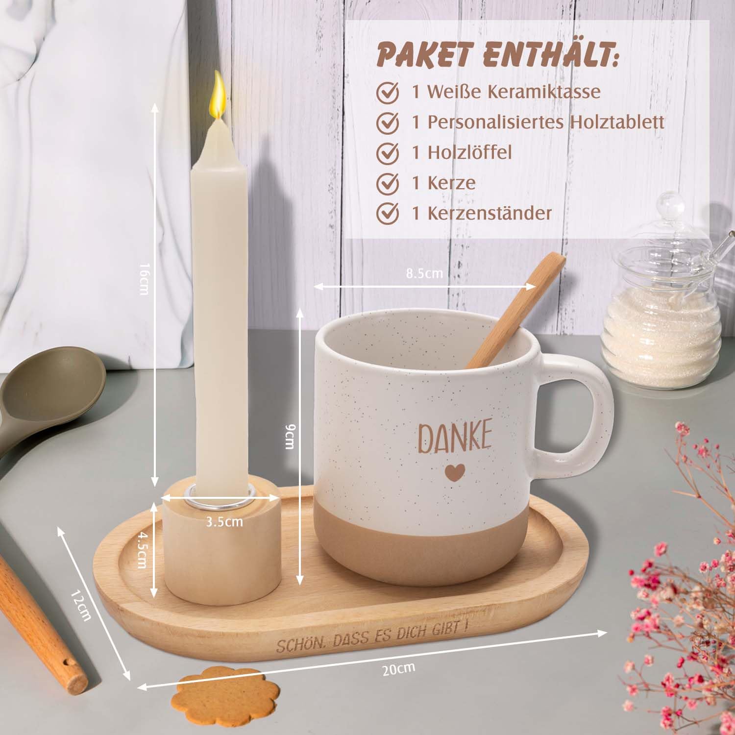 Dankeschön Geschenke Set Geburtstagsgeschenk für Frauen Männer Beinhaltet Holztablett Tasse Kerze Löffel Kerzenständer Personalisierte Geschenke für Mama Hebamme Kollegen Freunde
