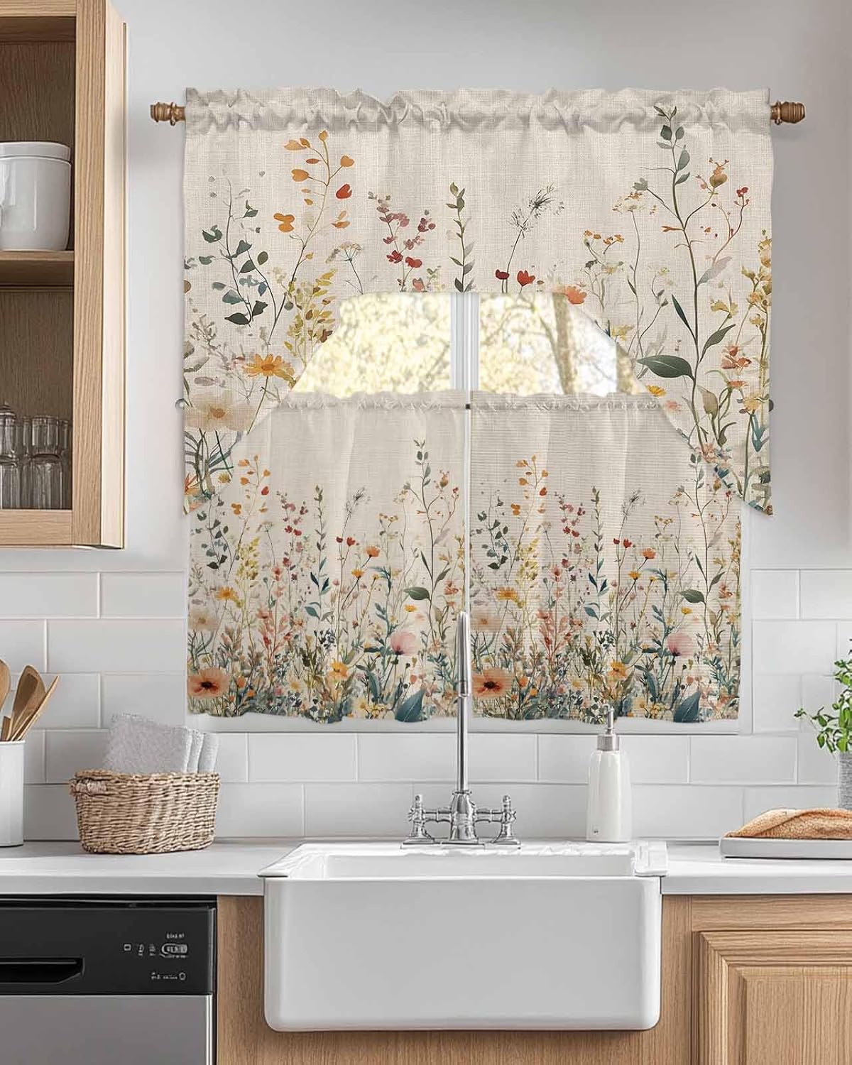 Vintage Botanical Kitchen Curtains Sets for Windows 3 Piece, Spring Floral Summer Botanical Rustic Kitchen Curtains and Valances Tier Set 24 Inch Length Swag Curtain for Living Room Cafe Bathroom