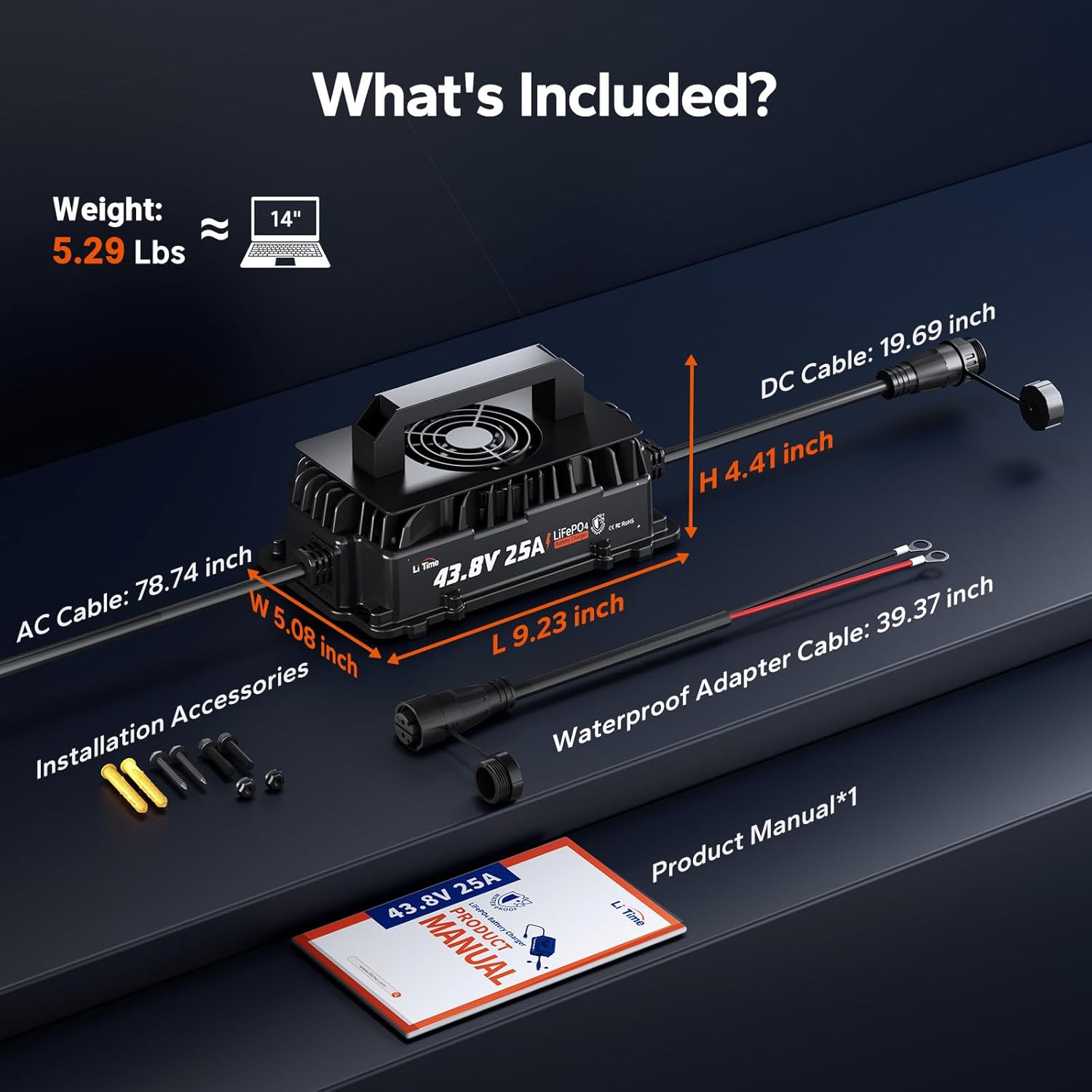 Diagram showing the LiTime 36V 25A LiFePO4 Battery Charger with its dimensions and included accessories: AC cable, DC cable, waterproof adapter cable, installation accessories, and product manual.