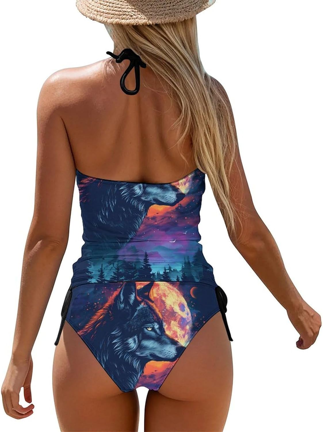 Wolf in Full Moon Women's Tankini Swimsuit Two Piece Tummy Control Bathing Suits Tie String Swimwear