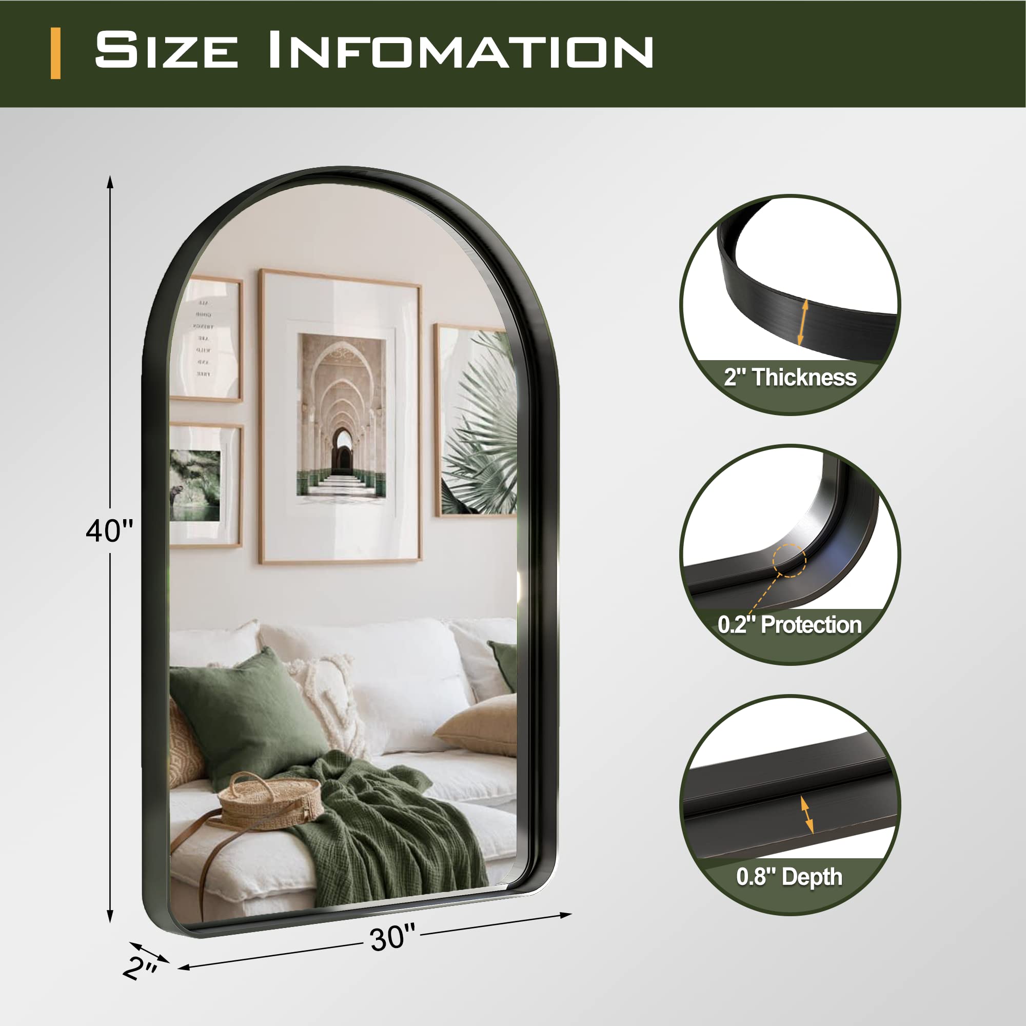 Snapklik.com : Arched 40x30 Inch Bathroom Vanity Mirror, Alloy Frame ...