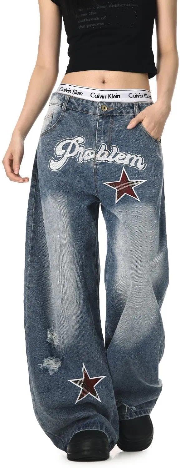 Women's Wide Leg Jeans Y2K Baggy Fit with Plaid Star Patch & Letter Embroidery, Vintage Washed Denim Pants