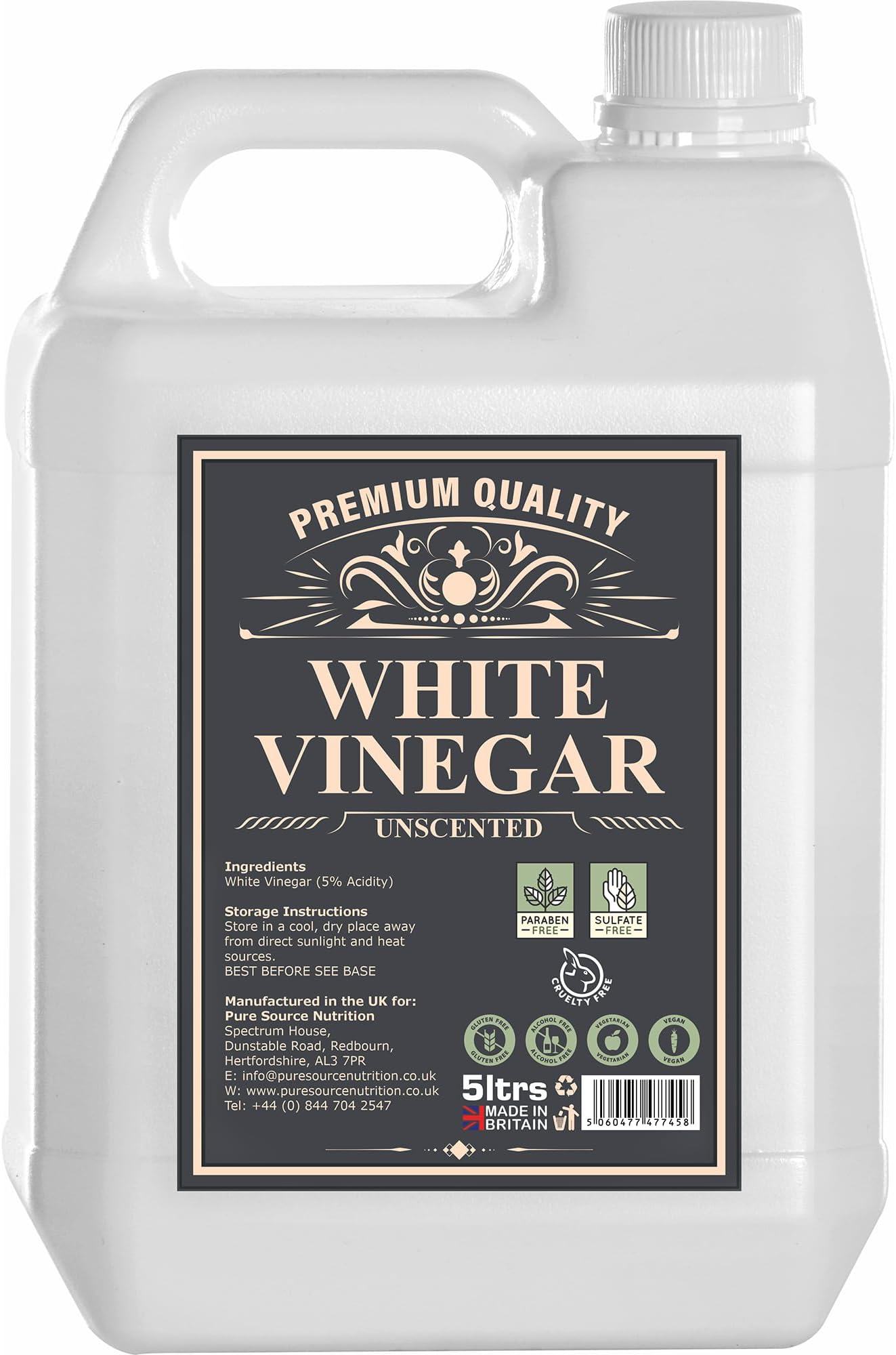 Eco White Vinegar Cleaning 5 Litres - All Natural Multi-Surface & Multi-Purpose Cleaner, Limescale Remover, Laundry Softener & More - 100% Vegan & Cruelty Free