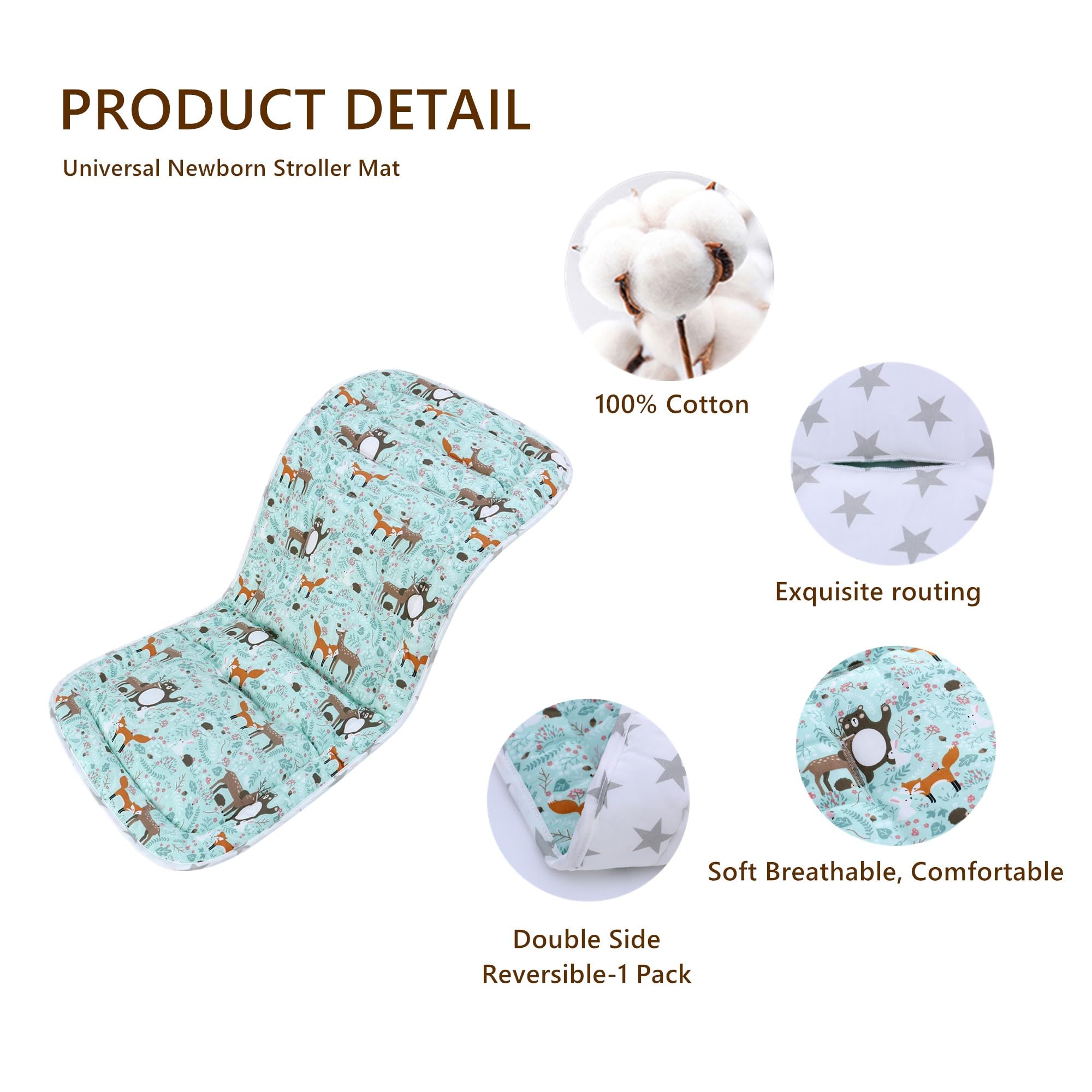 Baby Pushchair Seat Liners,Pram Liner Universal Fit for Most Pushchairs,100% Cotton Double-Sided Baby Stroller Cushion Pad,Stroller Seat Cover for Toddler Infant 1 Pack,78x34cm(Animal+Stars) - Image 3