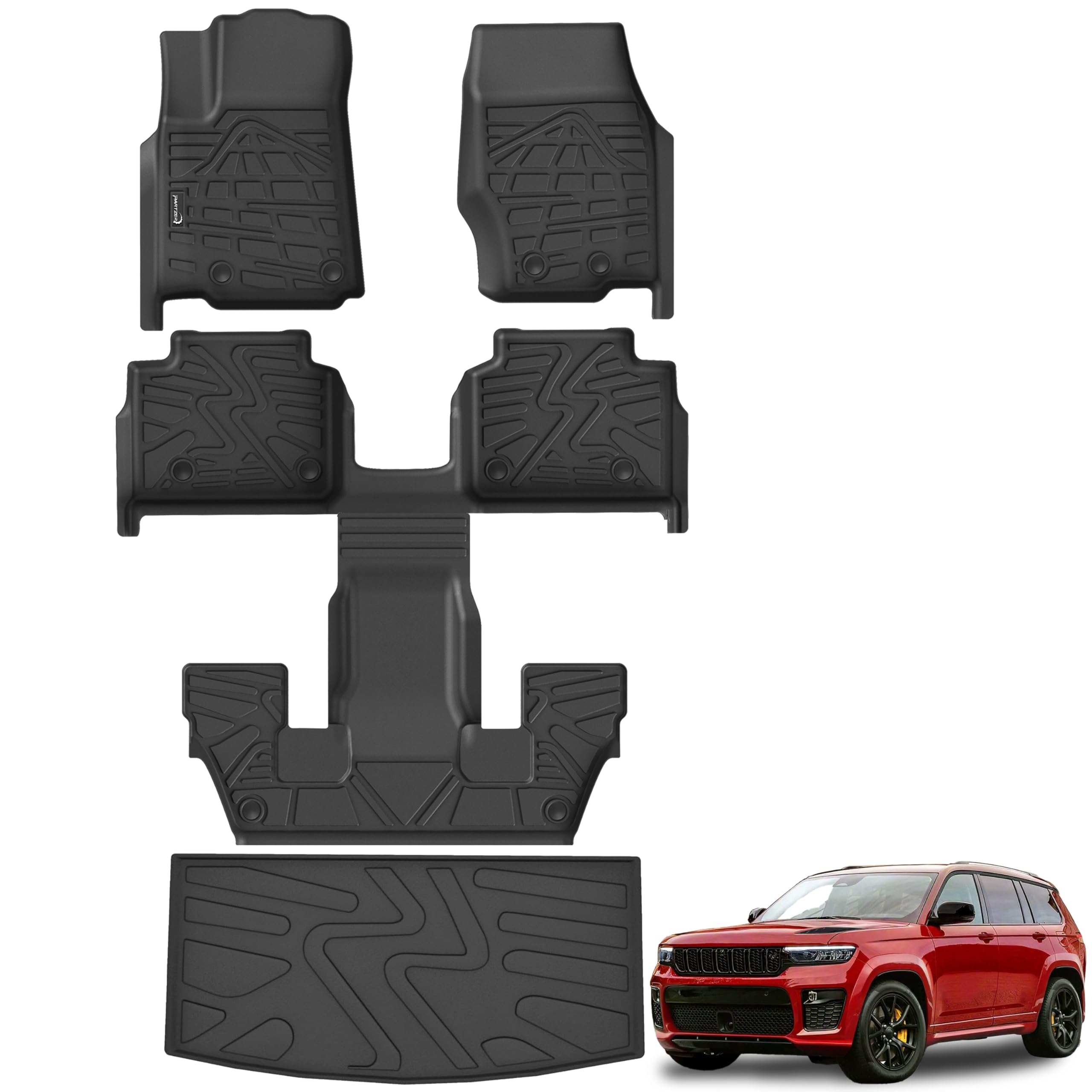 PARTZER Floor Mats Cargo Liner Fit for 2021-2025 Jeep Grand Cherokee L (Only for 6-Seater w/o 2nd Row Center Console), All-Weather TPE Rubber Mats for Grand Cherokee L Guard Accessories
