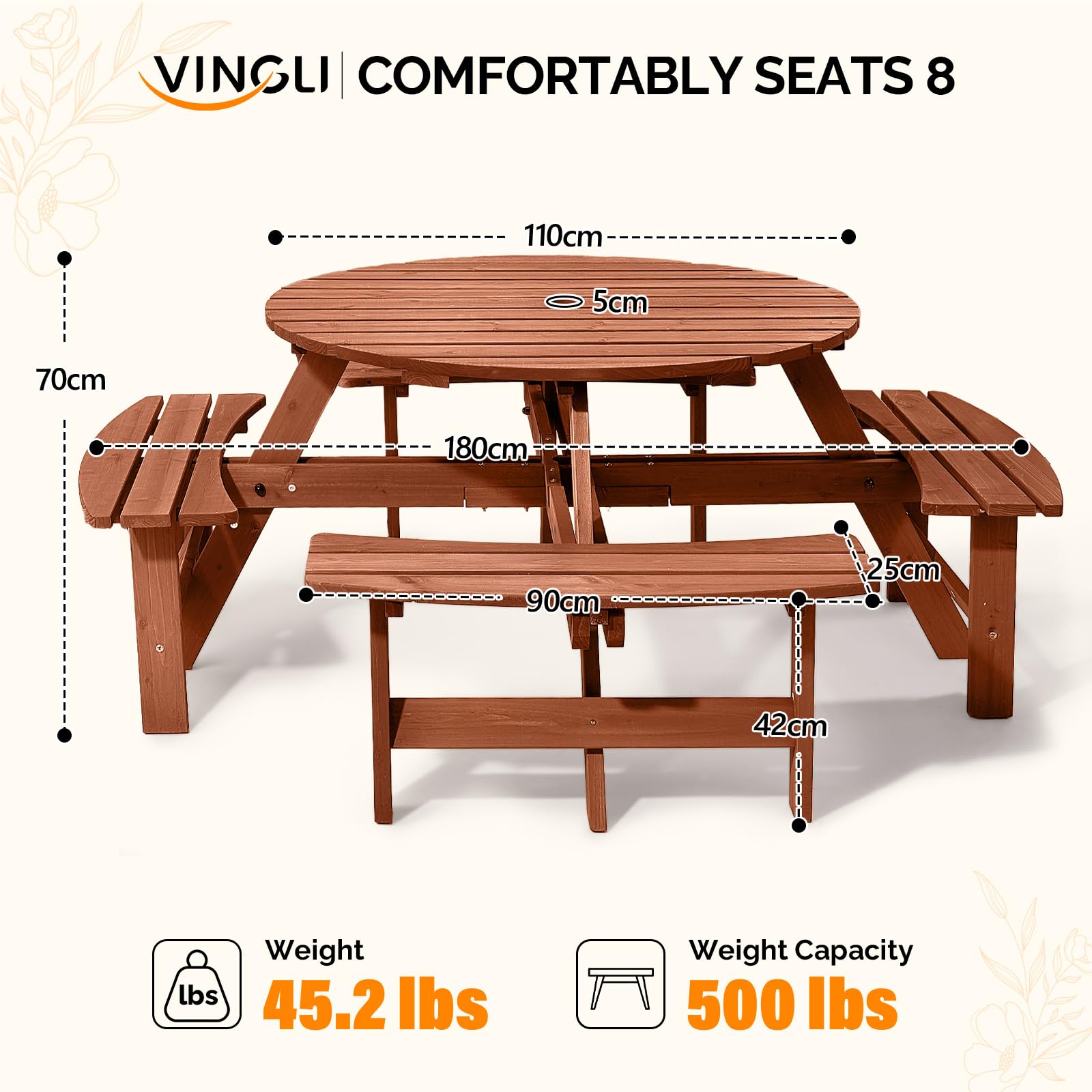 VINLGI Picknicktisch Set für 8 Personen,Biertischgarnitur Holz mit 4 Bänken & Schirmloch, Gartenmöbel Set Wetterfest,Esssets Terrasse, Hof, Garten&Veranda (Rund&Dunkelbraun)