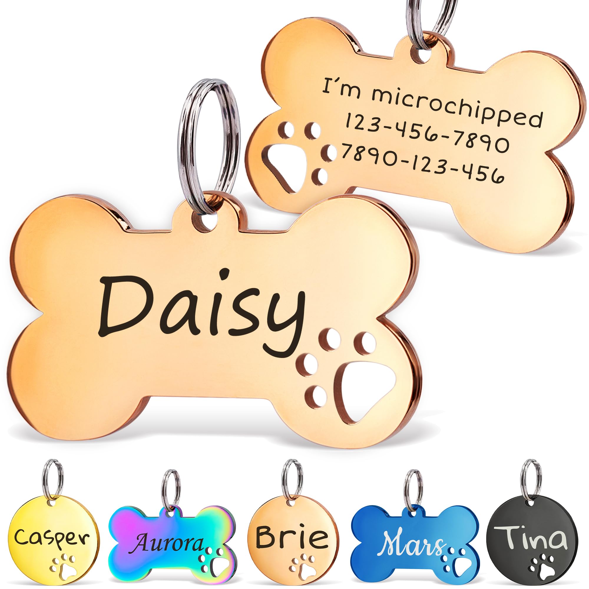 Anavia Paw Print Pet ID Tags, S/M/L Personalized Color Plated Stainless Steel Cat Dog Tags, Customized Engraved Glossy Dog Name Tag Pet Collar Tag (Rose Gold, Bone-Large)