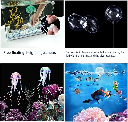 Miniatura 5 de BEZALEL Decoraciones de pecera  Juego de decoración flotante de 12 piezas, incluye buzo flotante, medusa falsa, estrella de mar y submarino