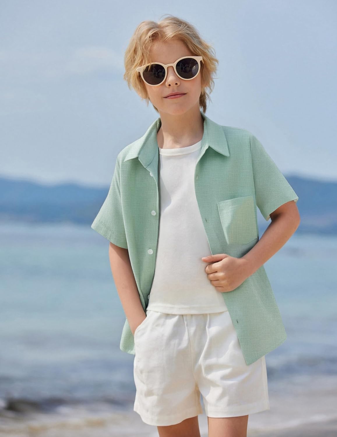 Arshiner Boys Button Down Shirt 100% Cotton Short Sleeve Shirt Solid Summer Beach Shirts with Pocket Size 4-14 Years - Image 2