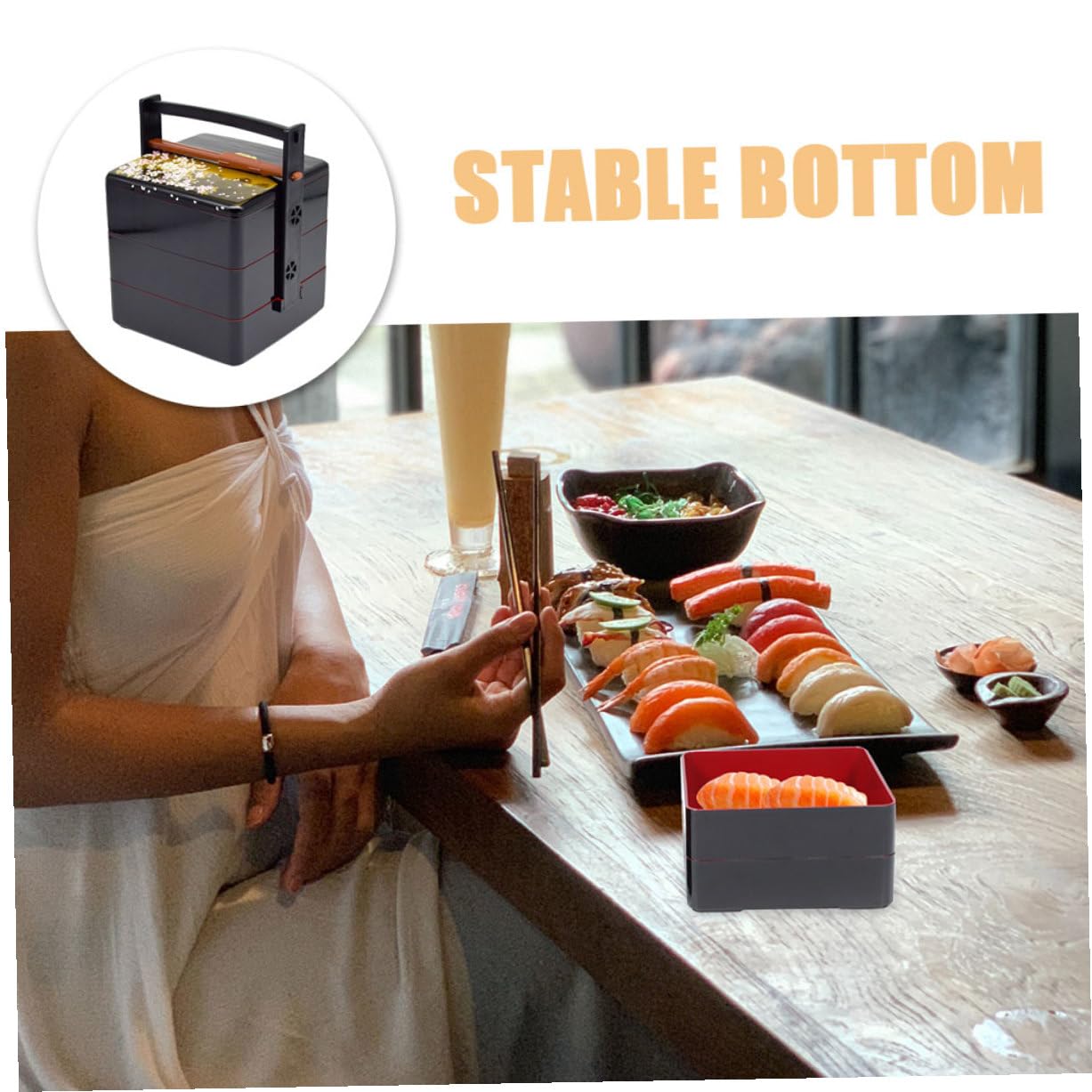 Boîte à Lunch Bento Japonaise Noire Réutilisable en Abs Design à Trois Couches, Pratique et Étanche, pour Repas en Plein Air à Emporter