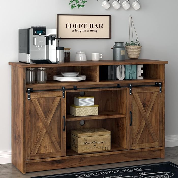 Buy Farmhouse Coffee Bar with Storage Sliding Barn Door Buffet Sideboard
