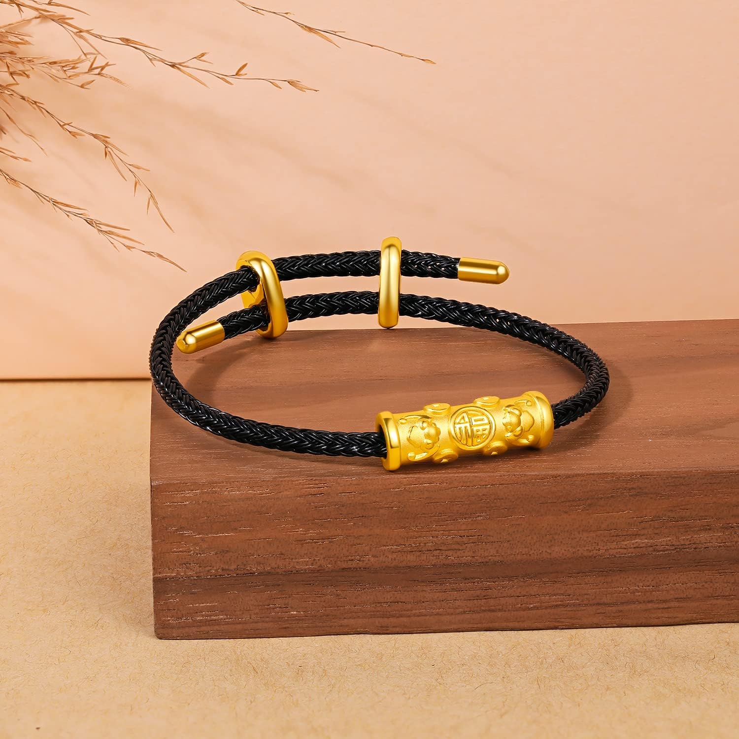 24K Gold Bracelet Blessing Charm Bracelets Adjustable Black Chain Lucky Bead Link Trendy Protection Charms Dainty Bangle Good Luck Cuff Stackable Beads Bangles Feng Shui Real Gold Gifts for Men Women