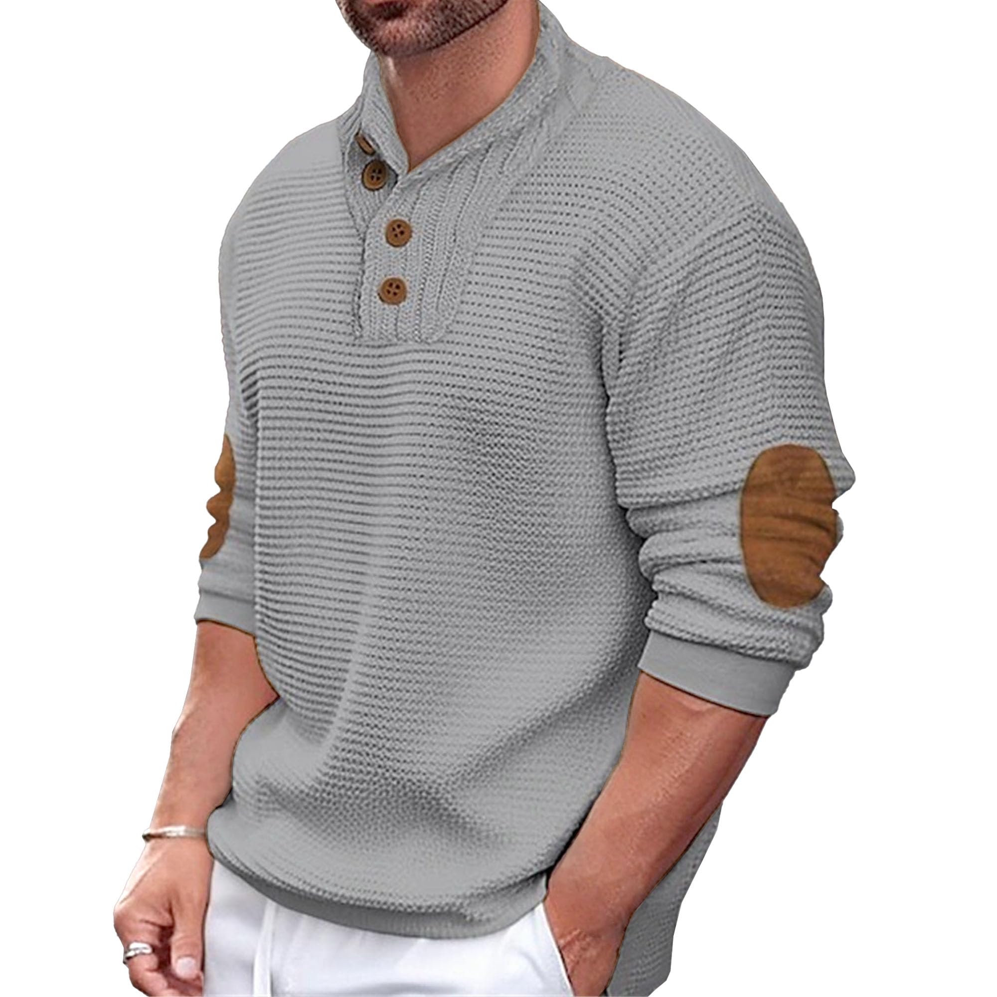 Men's Classic Cable Knit Pullover Stand Collar Solid Knit Sweaters Casual Button Knitted Long Sleeve (Grey,XX-Large)