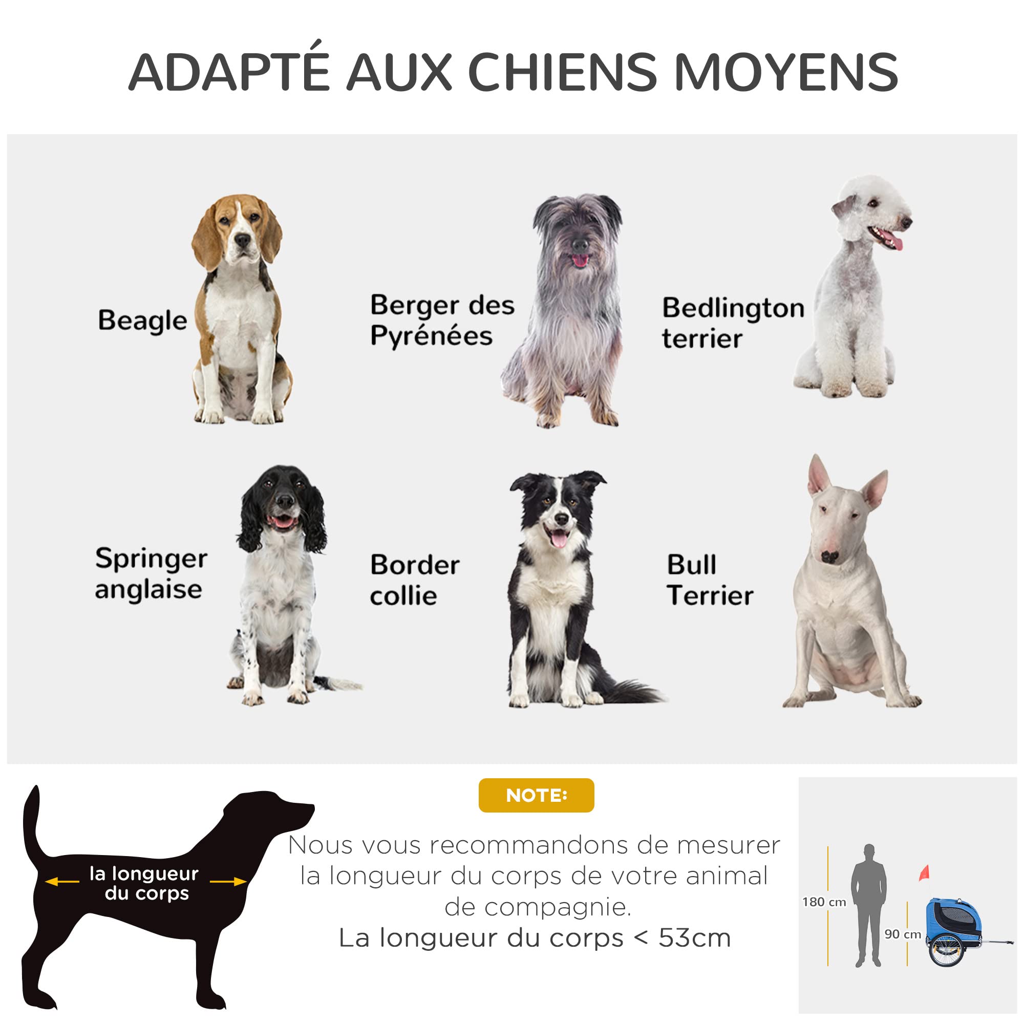 PawHut Remorque Velo pour Chien Animaux avec 8 reflecteurs Drapeau Bleu Noir