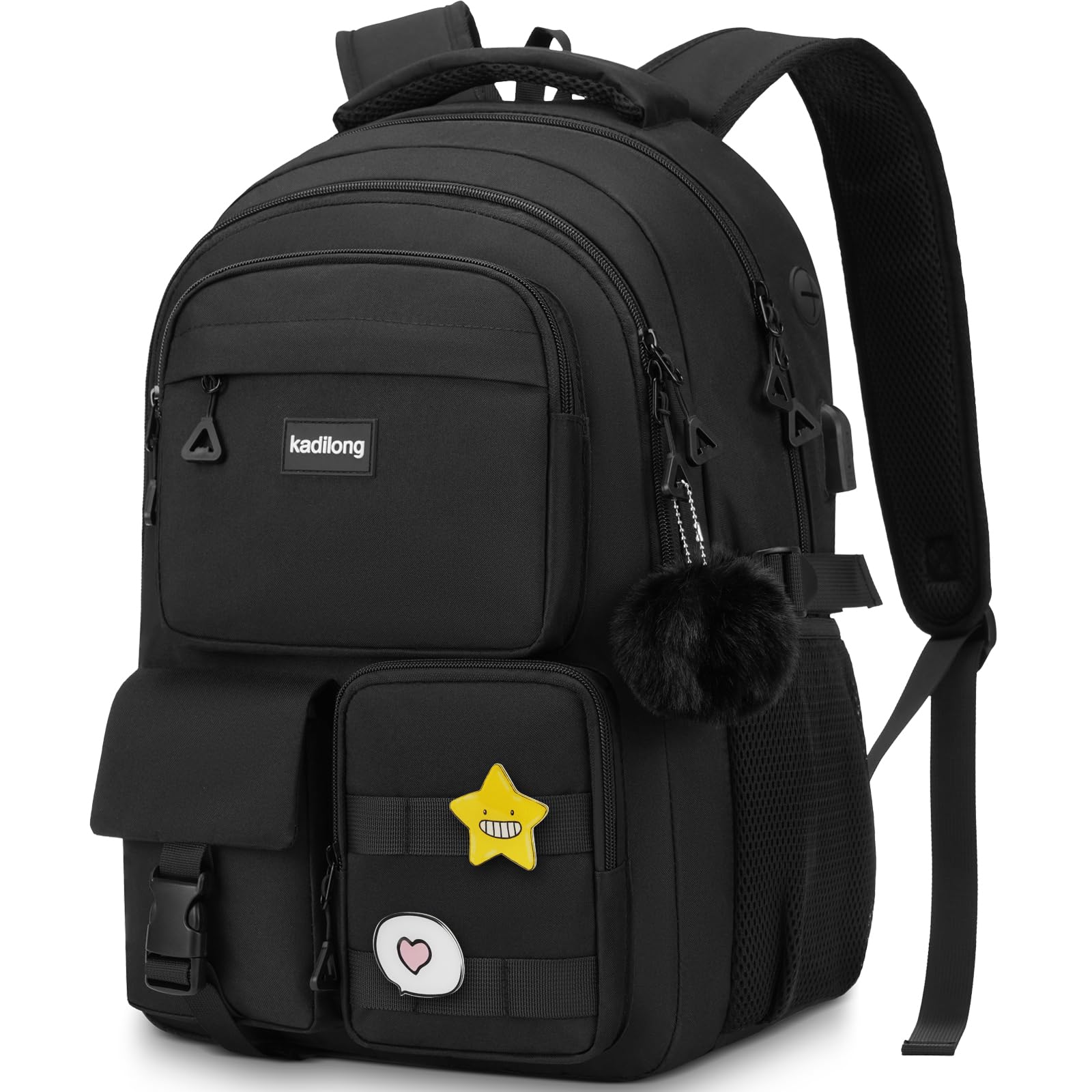 kadilong Zaino per computer portatile da 17,3 pollici, per donne, adolescenti, ragazze, per studenti universitari, medie e superiori, mochila escolares para niñas mujeres (nero)