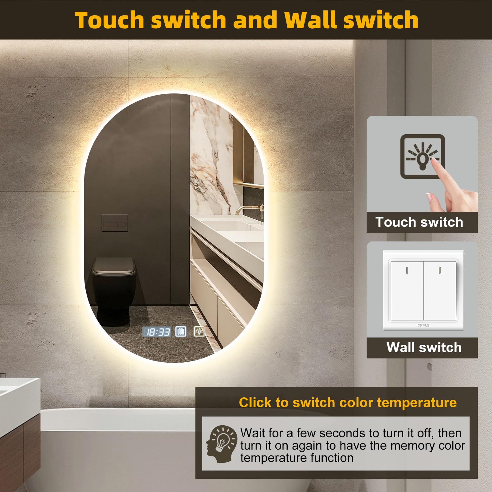 Espejo Baño LED Inteligente 70x50cm - Espejo con Luz y Antivaho, Temperatura de Color Ajustable, Atril para Secador, Luz de Pared Trasera y Función de Reloj - Espejo de Pared para Maquillaje y