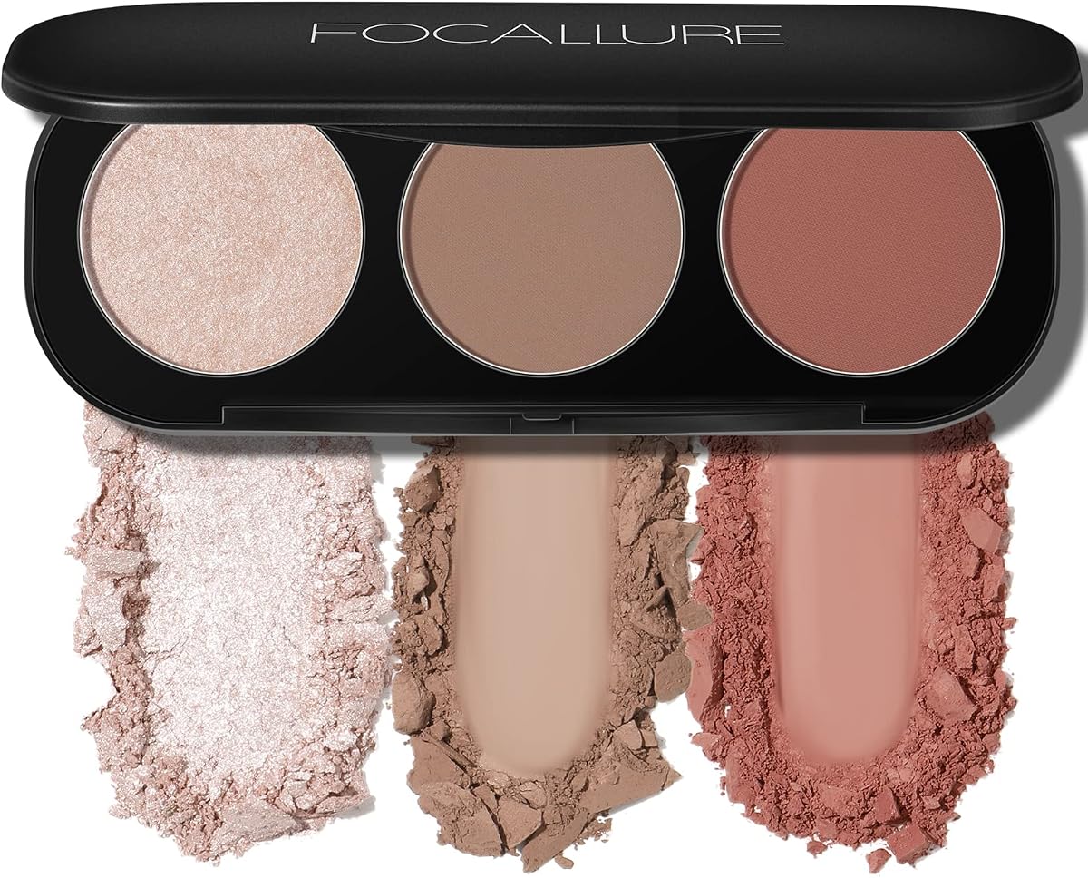 FOCALLURE Paleta de rubor e iluminador, paleta de contorno 3 en 1, polvo bronceador mate libre de crueldad animal, iluminadores brillantes para una apariencia brillante, #09