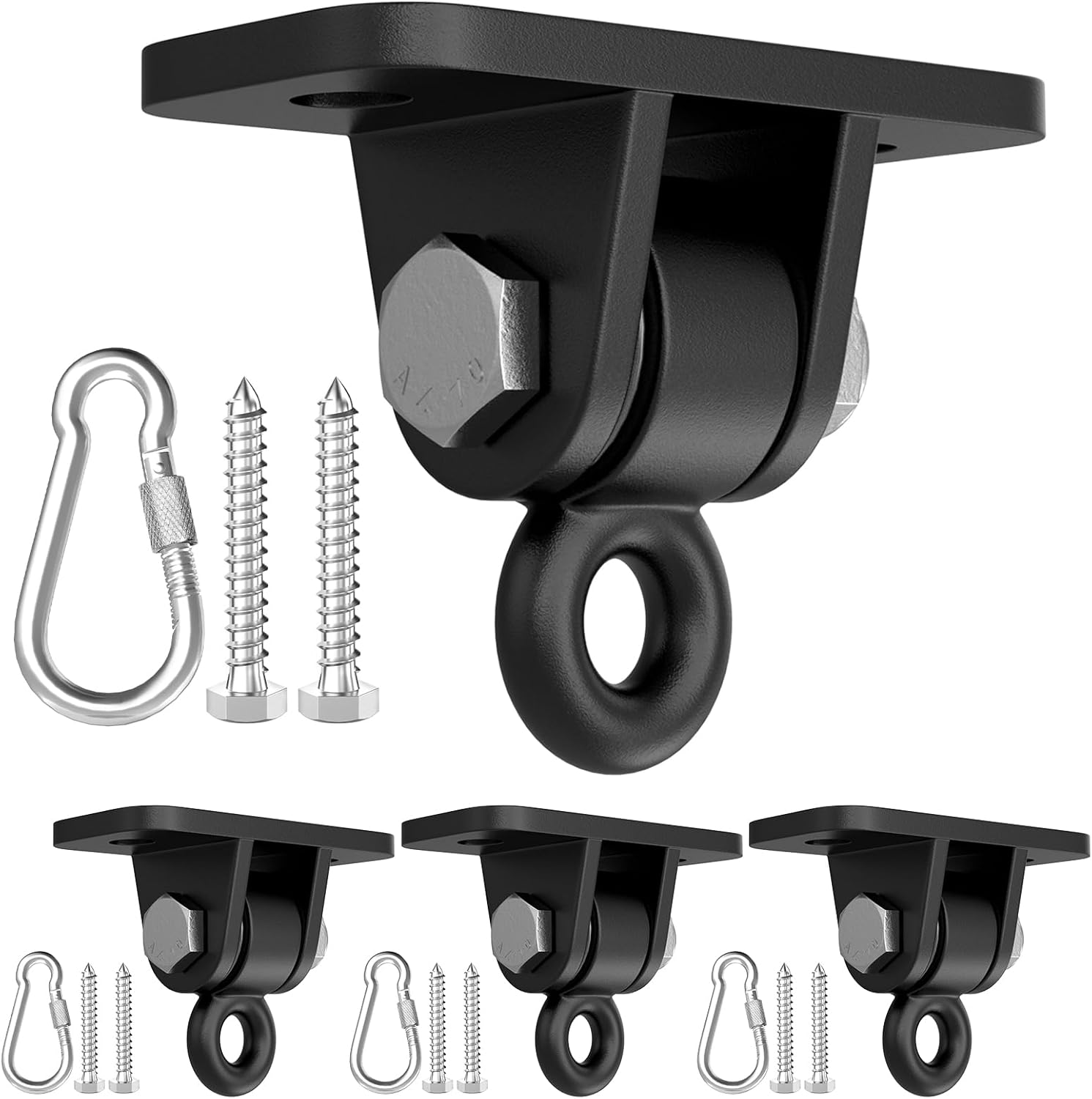 Porch Swing Hanging Kit, Heavy Duty Swing Hangers Outdoor Indoor Ceiling Patio Playground Tree Yoga Seat Trapeze Swingset Hardware Bracket 4 Set with Mounting Snap Hook Screw Washer (Black)