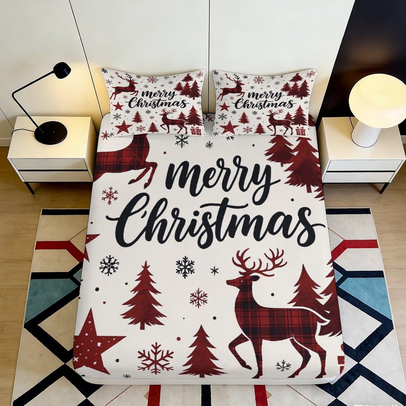 3D Printed Christmas Reindeer Fitted Sheet Microfiber Bedroom Decor Snowflake Bed Cover for Home Guest Room 90x200x25cm