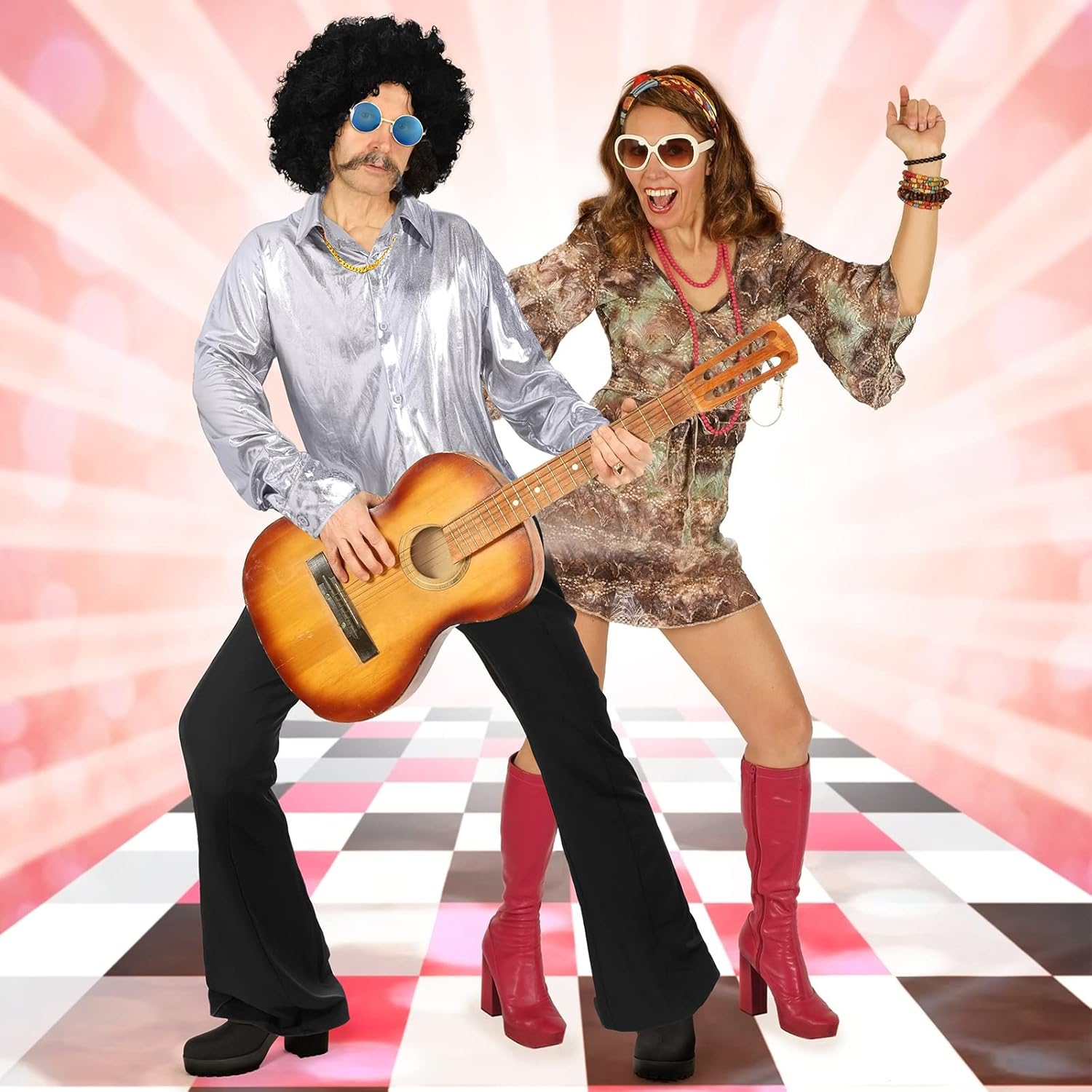 Eurzom Disco Costume Set Including Men's Disco Shiny Shirt Pant Funky Afro Wig Necklace Sunglasses for 60/70/80/90s Party - Image 6