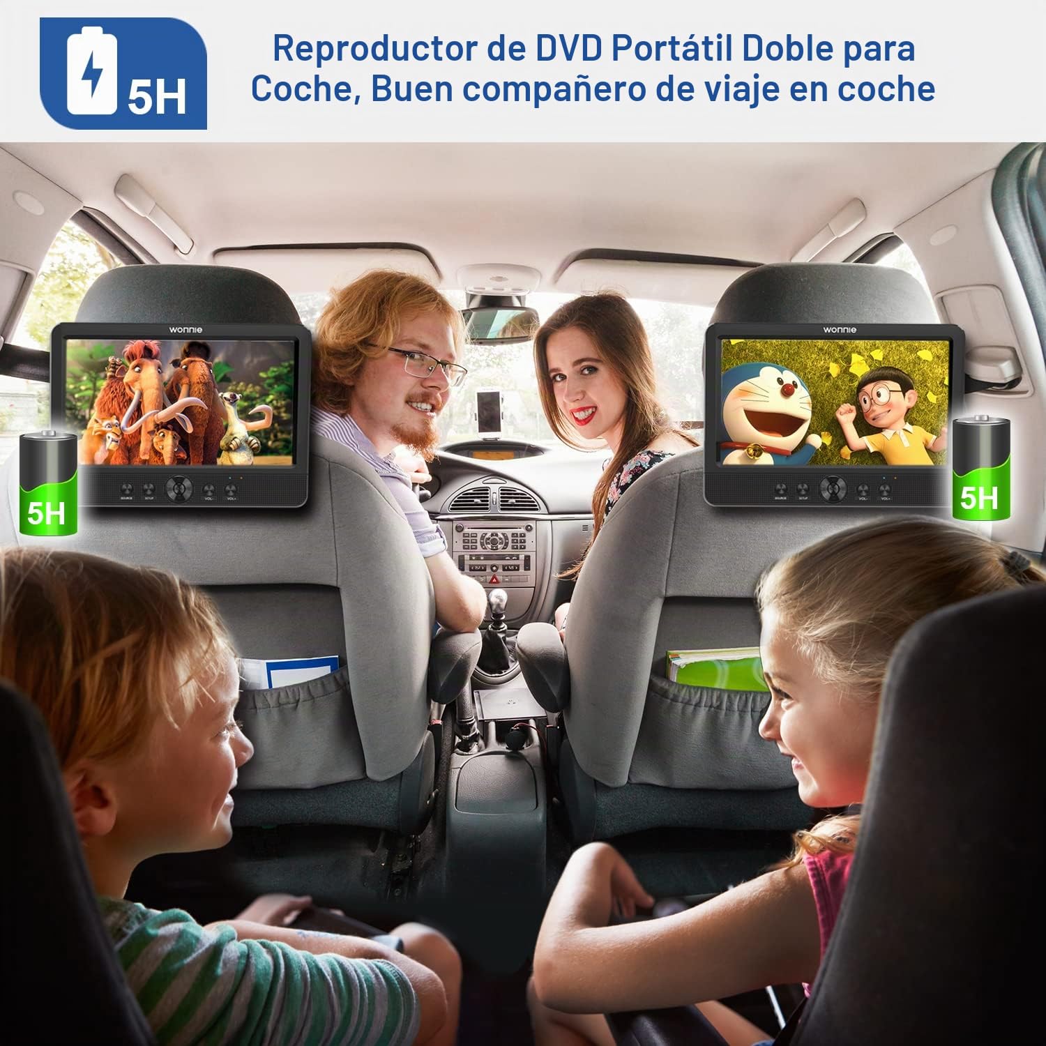WONNIE - Reproductor de DVD portátil para Coche, 2 Pantallas para niños, vídeo con reposacabezas de 10,5 Pulgadas, Compatible con USB SD MMC 5 Horas para un Viaje Largo (Dos Reproductores de DVD)