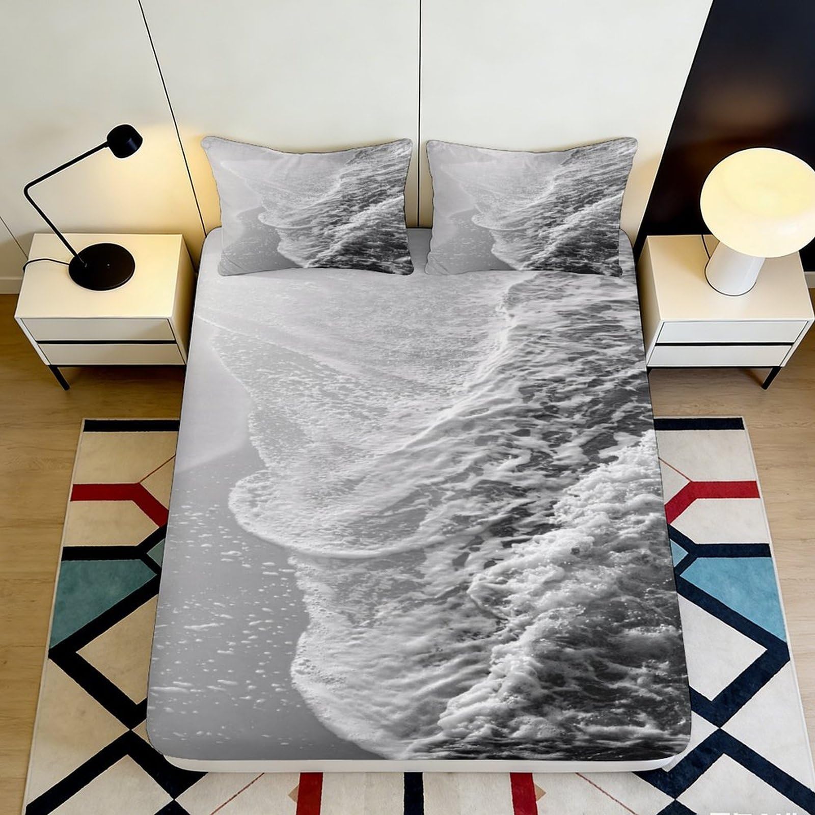 3D Printed Ocean Wave Fitted Sheet Microfiber Soft Grey Beach Shore Mattress Cover for Bedroom Guest Room Decor 200x200x25cm