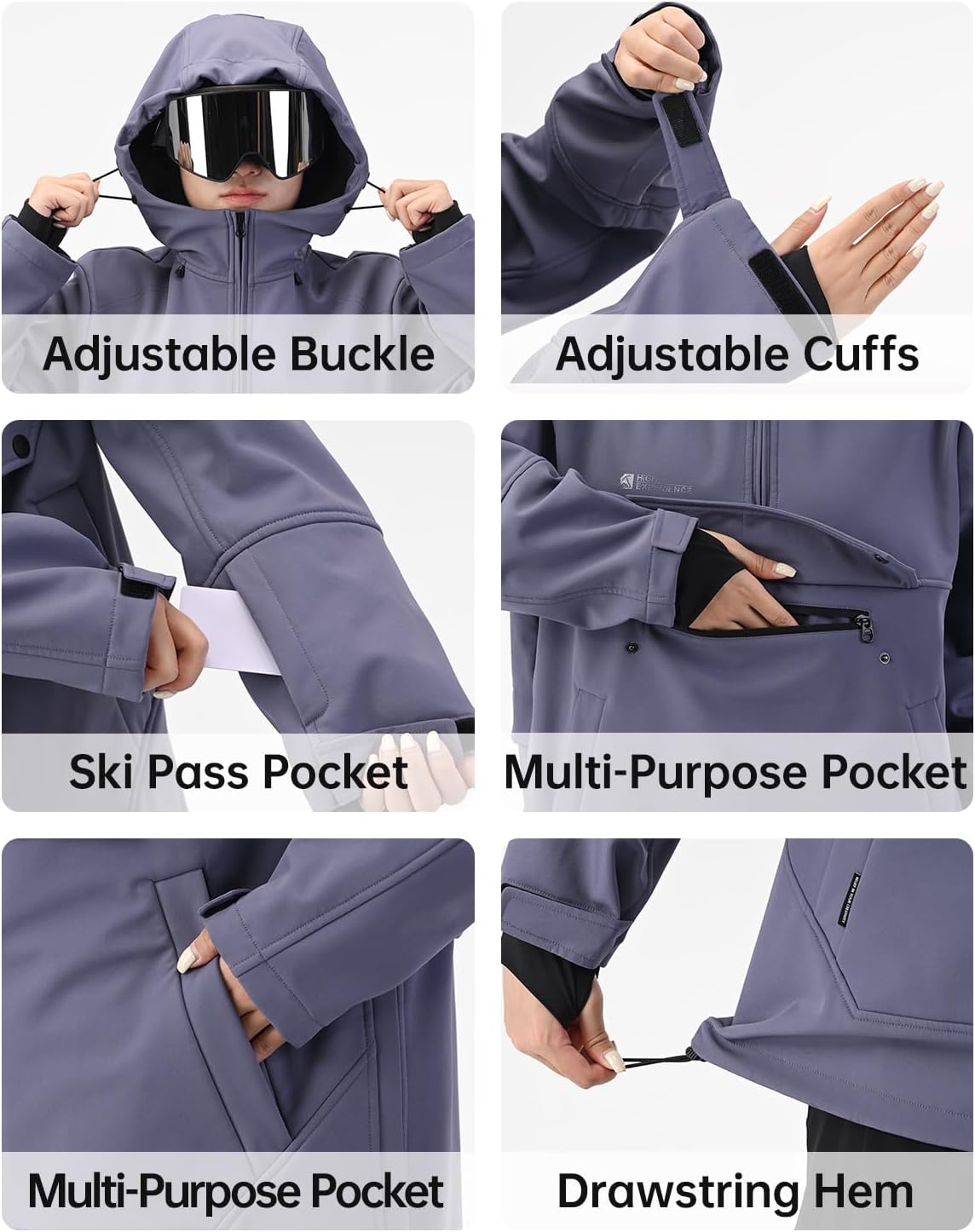 HIGH EXPERIENCE Ski Hoodie Snowboard Pullover Jacket Snow Anarok Baggy Waterproof Windproof Insulated for Women Men - Image 5