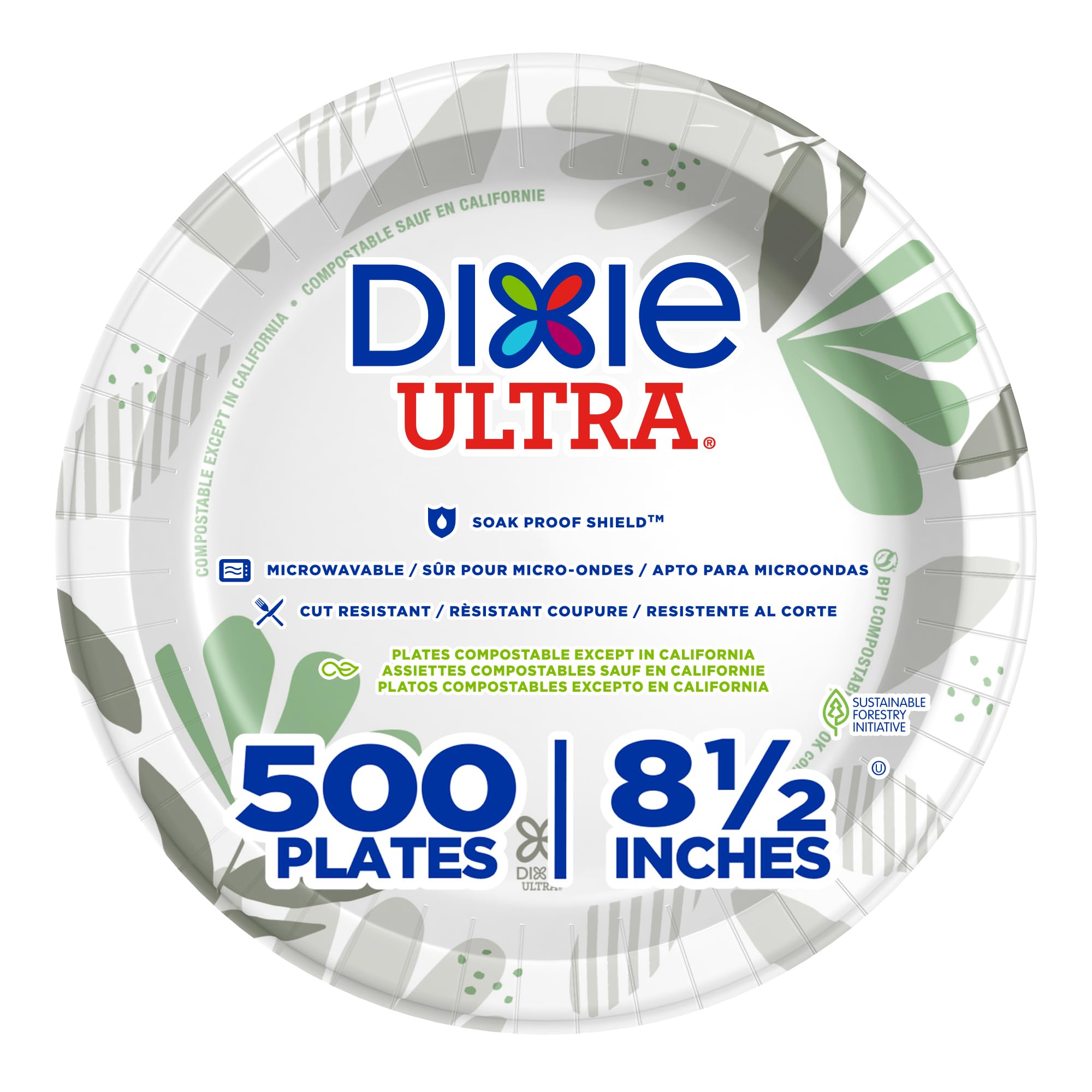 Dixie Ultra 8.5 Inch Heavy-Weight Paper Plates By GP PRO, Pathways Botanical Design, 500 Count (125 Disposable Plates Per Pack, 4 Packs Per Case), SXP9PATH