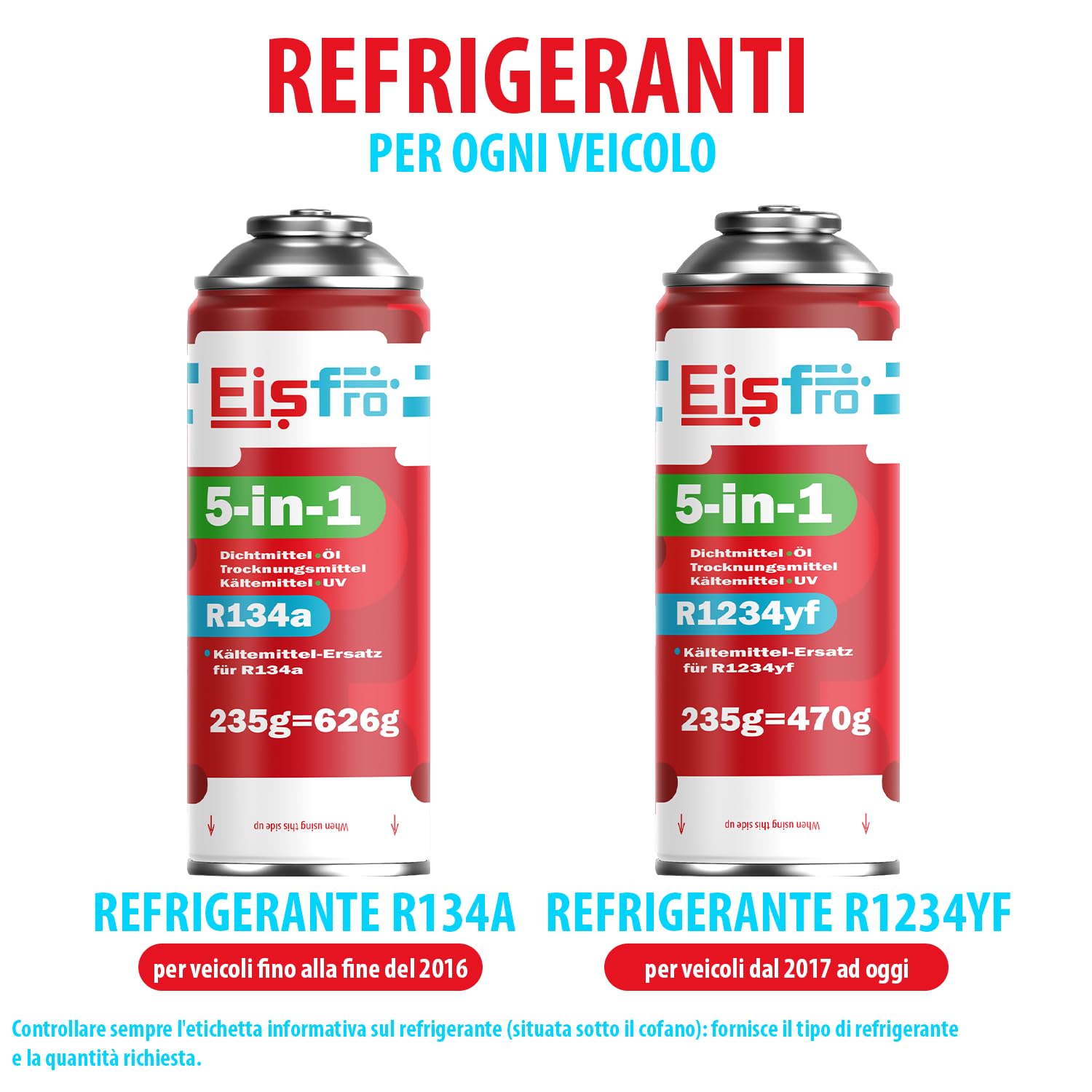 Kit di ricarica climatizzatore R1234yf – Fluido refrigerante 5in1 XL con olio, sigillante, colorante UV e disidratante + 2x gas di ricarica R1234yf con olio 235 g, adattatore e tubo