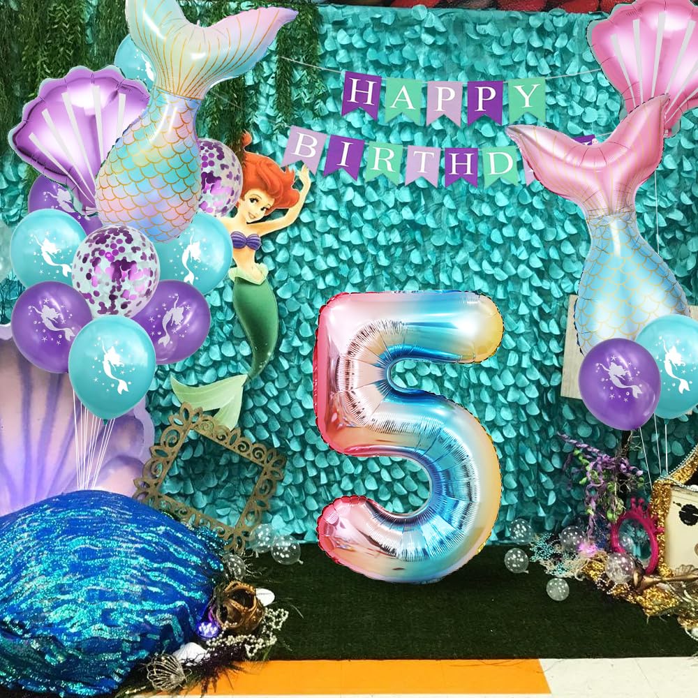 Kit Décoration Ballons Sirène 5 Ans - 16 Ballons Latex + 5 Ballons Aluminium - Thème Sirène, Fête D'anniversaire Fille