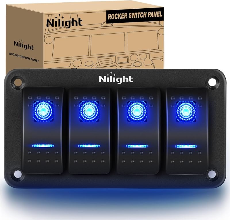 Nilight - 90109D Panel de interruptores basculantes de aluminio de 4 bandas Alternar tablero Interruptor basculante pre-cableado de 5 pines encendido/apagado Interruptor retroiluminado azul para vehículo recreativo marino de automóviles, 2 años de garantía