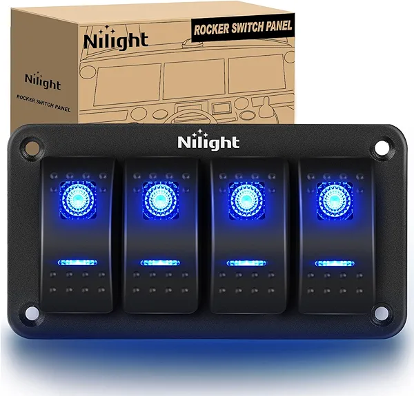 Nilight - 90109D 4 Gang Aluminum Rocker Switch Panel Toggle Dash 5 Pin ON/Off Pre-Wired Rocker Switch Blue Backlit Switch for Automotive Car Marine Boat RV,2 Years Warranty