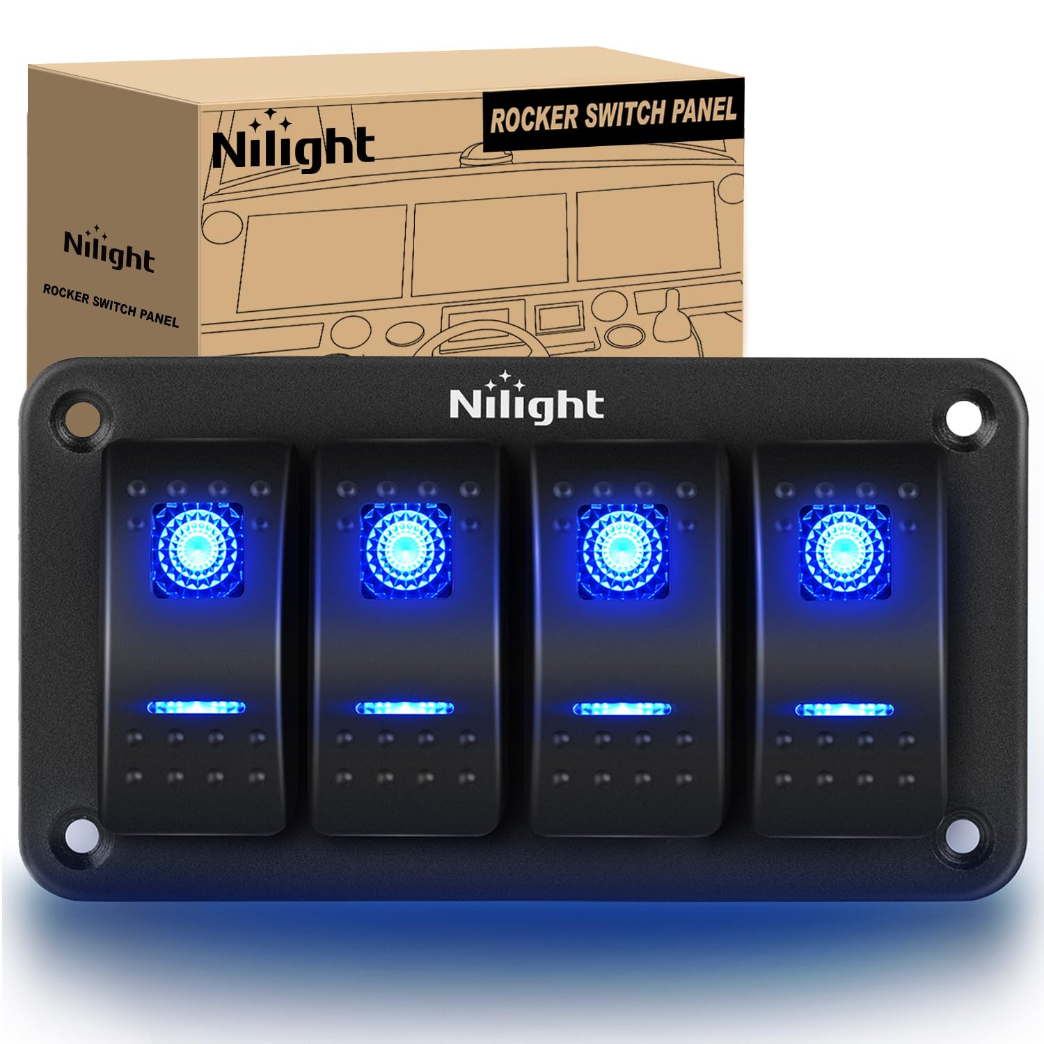 Painel de Interruptores Nilight 90109D - 4 Gang Alumínio com Luz de Fundo Azul, Interruptores Toggle Pré-Wirados para Carros, Barcos e RV - Garantia de 2 Anos