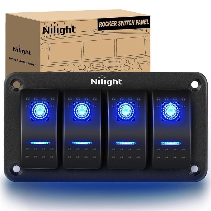 Painel com 4 interruptores tipo rocker Nilight 90109D com iluminação azul, 12/24 V – Kit