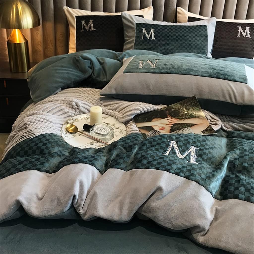 Autumn and Winter Jacquard Milk Velvet Four Piece Warm Coral Velvet Bed Linen Embroidered Duvet Cover Bedding (Color : Blue, Size : 1.5m) (Blue 1.5m) (Blue 1.5m)