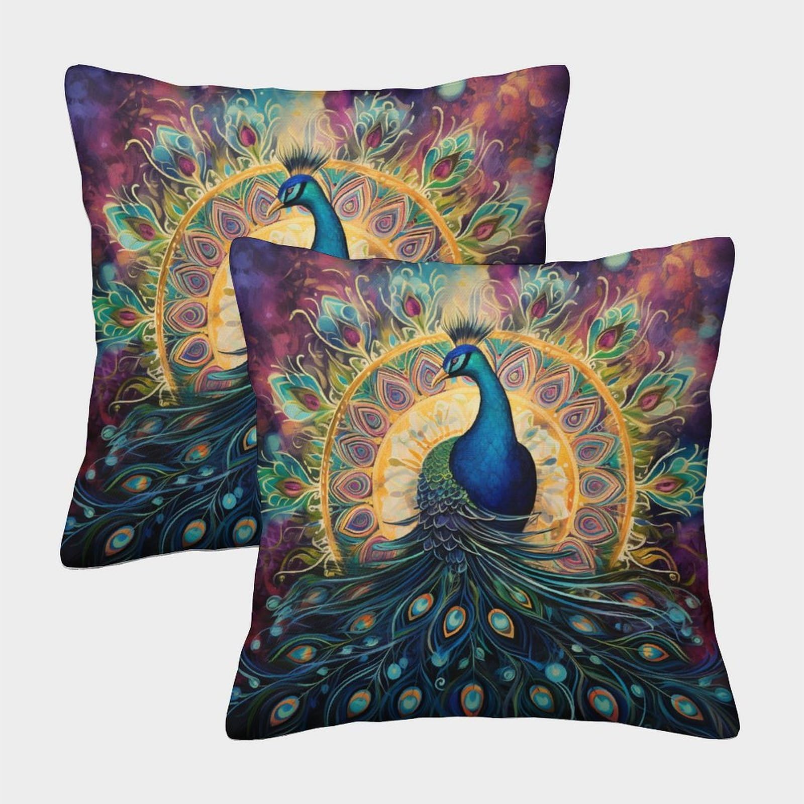 NRAOPEVVD Peacock Cushion Cover 2 Pack Decorative Machine Washable Pillowcases Square Cushions with Invisible Zipper Cushion Covers for Outdoor Home Bed Decor Throw Pillow Case 40x40cm