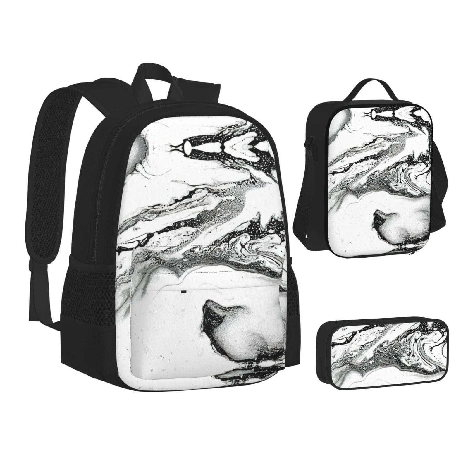 Juego de 3 mochilas escolares con estampado de mármol blanco y negro, mochila para laptop de gran capacidad resistente al agua con bolsa de almuerzo aislada y estuche para lápices para