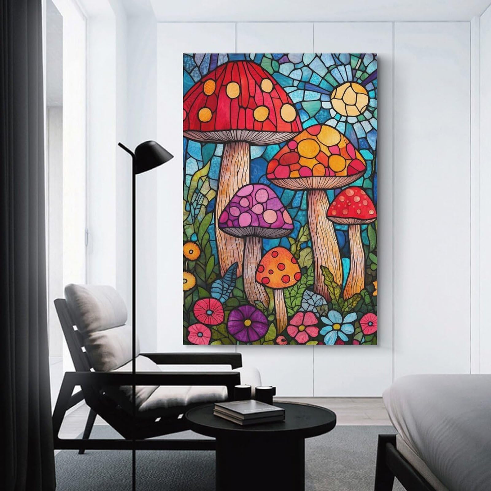 Junmoney Unframe-Style-13-1 Canvas Art Print Stained Glass Mushrooms, 20X30inch(50X75cm), For Office, Study Or Home Workspace, Wall Art That Adds Style To Work Areas