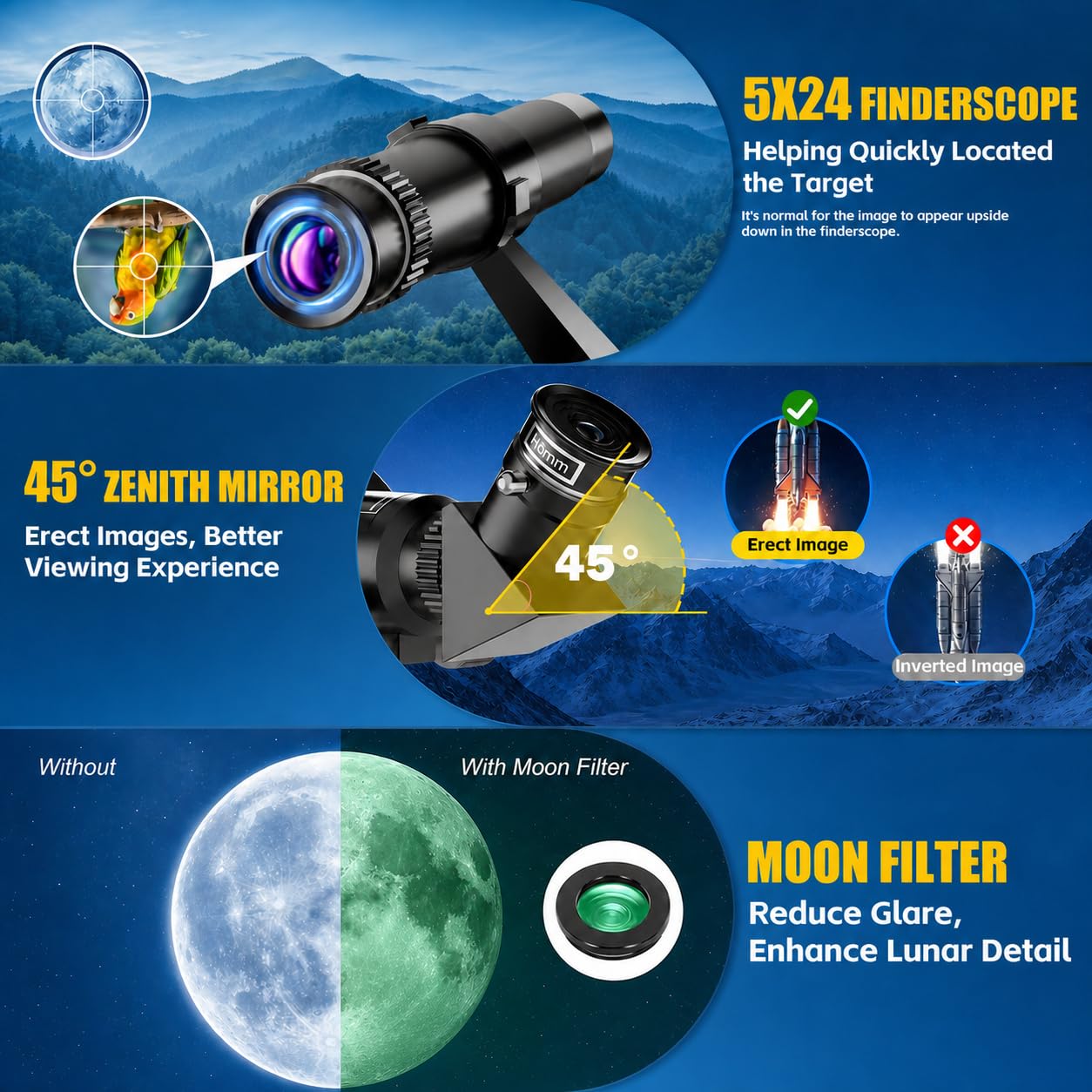 Telescopio Astronomico Professionale per Adulti e Bambini, 70/500mm | Telescopio Rifrattore Portatile per Principianti con Treppiede Regolabile, Filtro Lunare, Adattatore Telefonico e Borsa