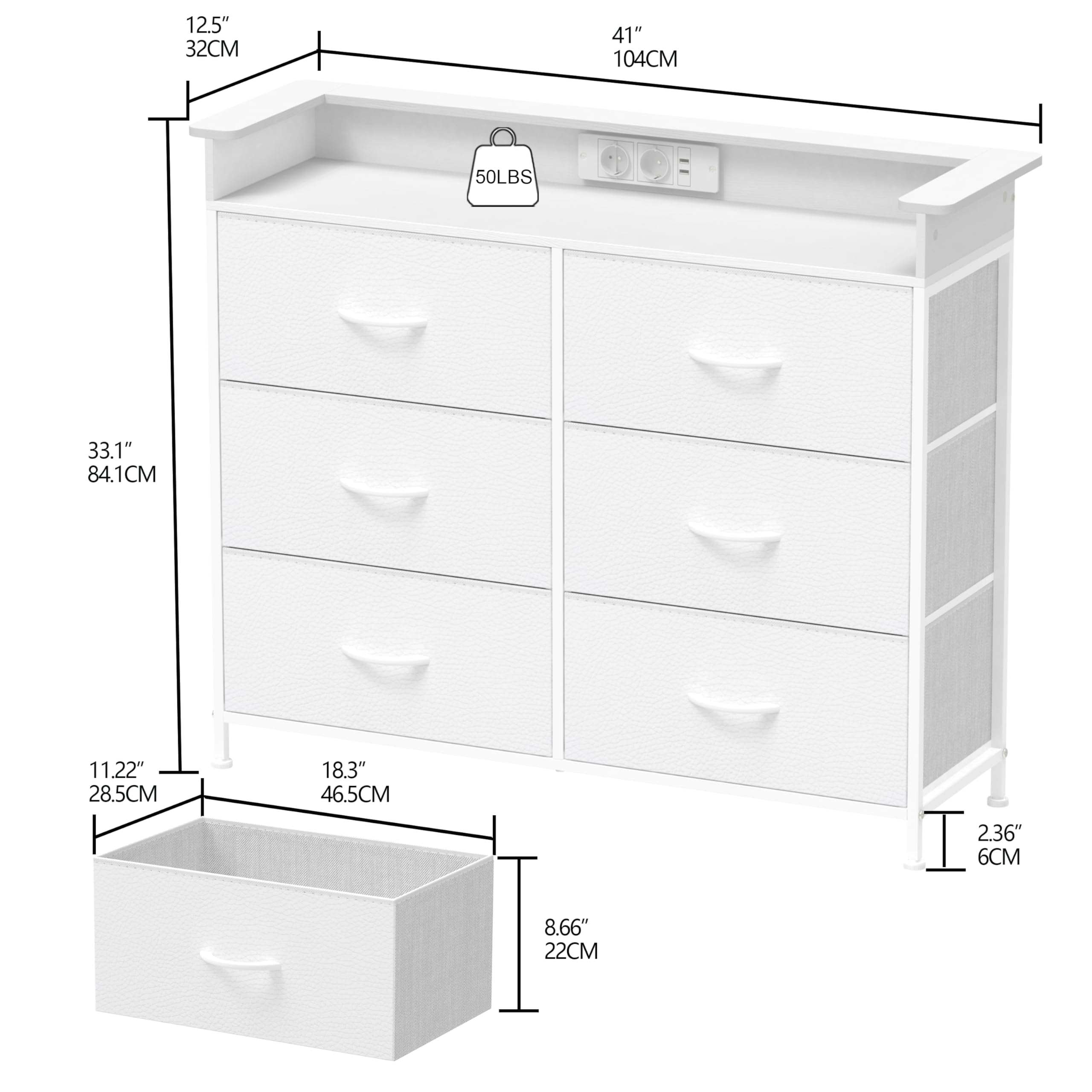 VEDECASA Cassettiera con 6 cassetti e illuminazione a LED, cassettiera con 2 porte USB e 2 prese AC, torre portaoggetti con armadio per camera da letto, soggiorno e corridoio, telaio in metallo